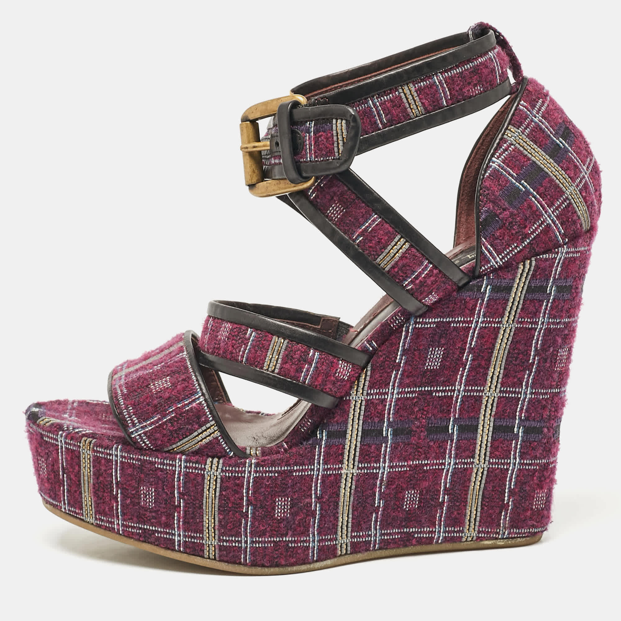 Magenta Etro Magenta Pink/black Tweed And Leather Platform Wedge Sandals
