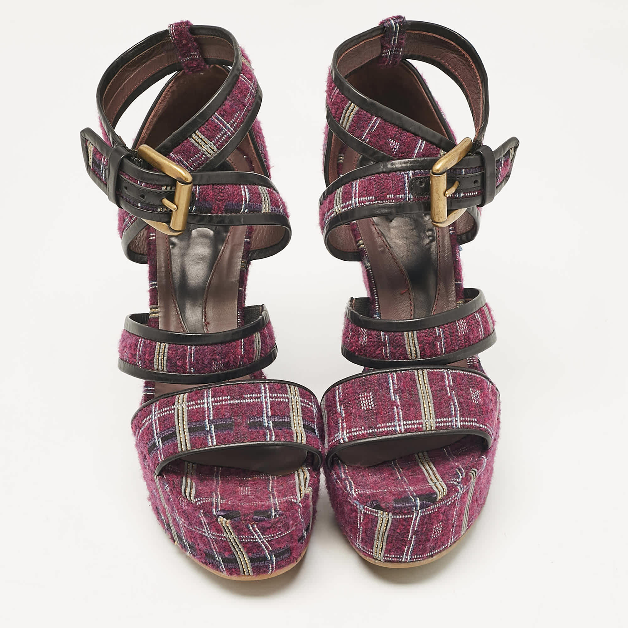 Magenta Etro Magenta Pink/black Tweed And Leather Platform Wedge Sandals
