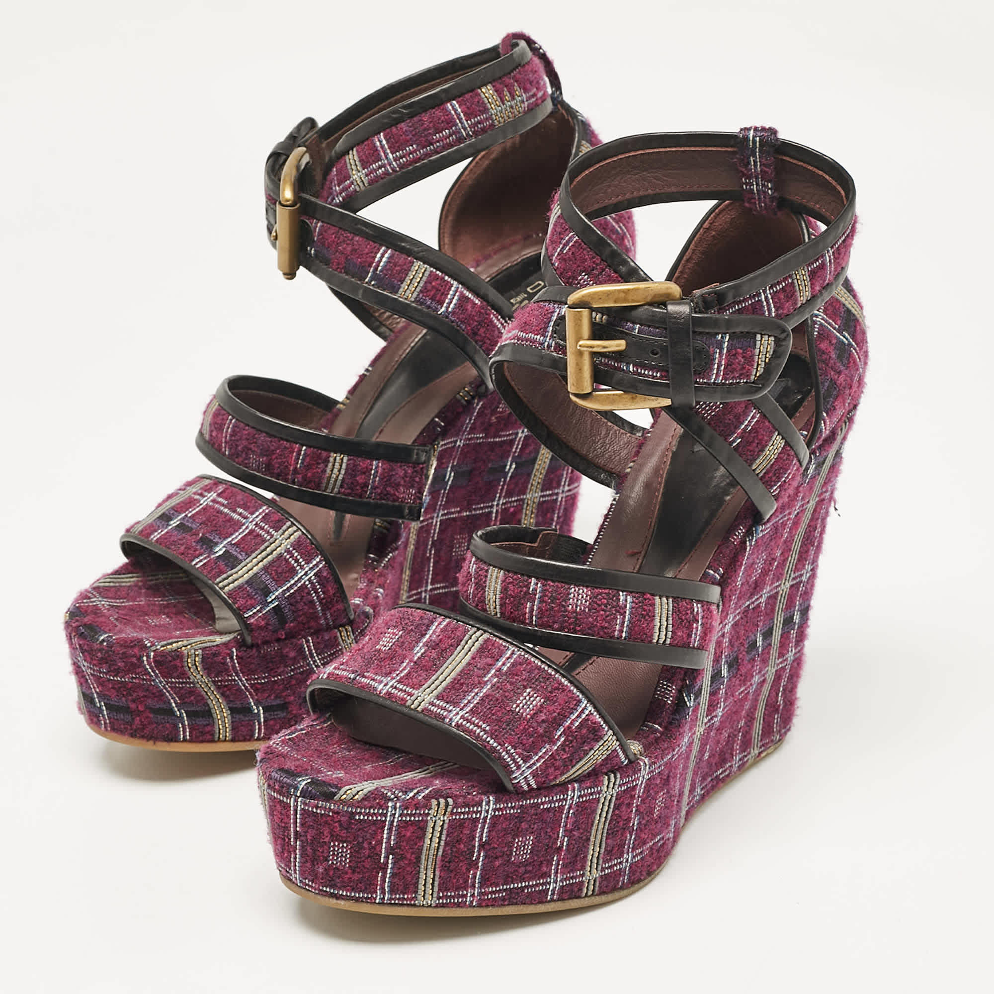 Magenta Etro Magenta Pink/black Tweed And Leather Platform Wedge Sandals