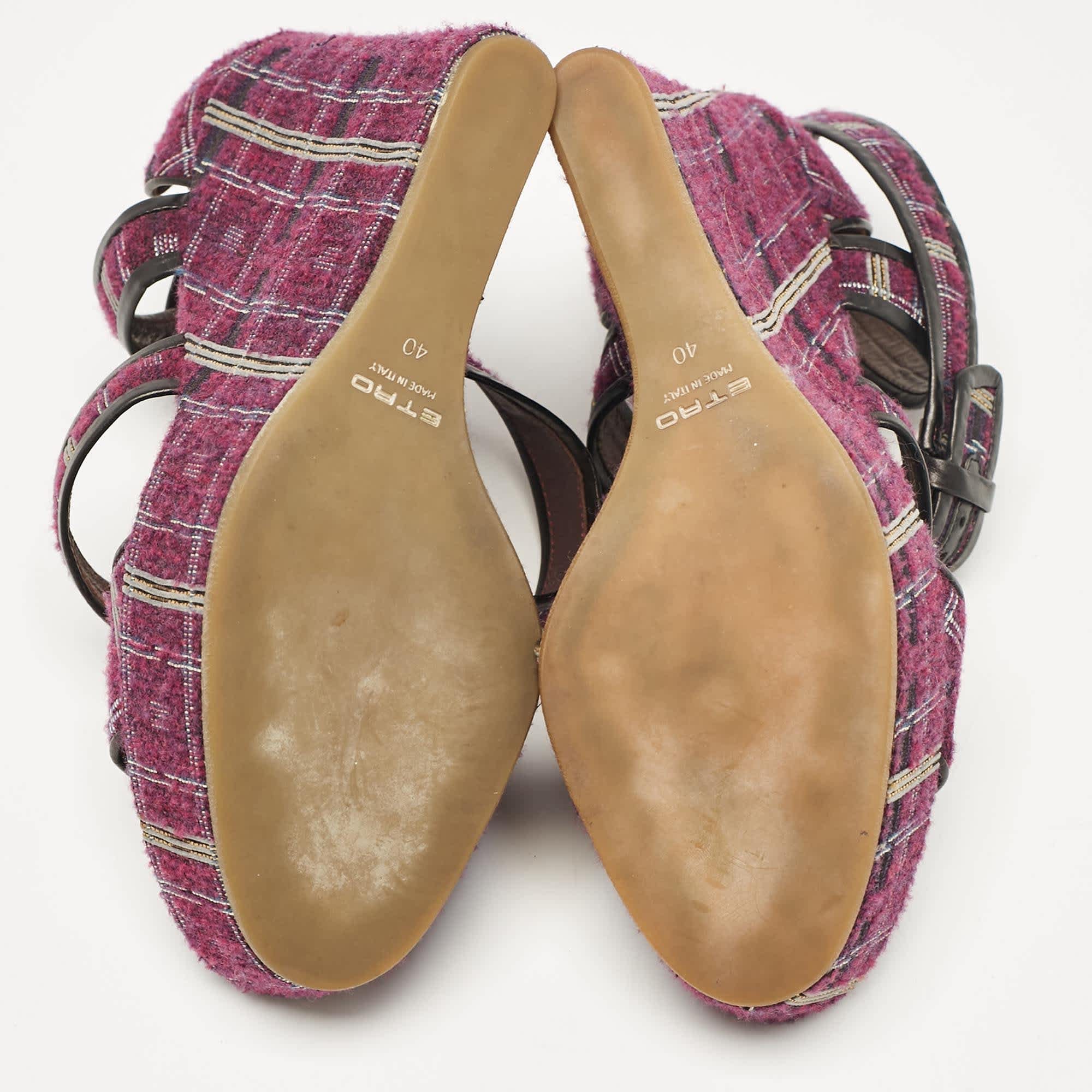 Magenta Etro Magenta Pink/black Tweed And Leather Platform Wedge Sandals