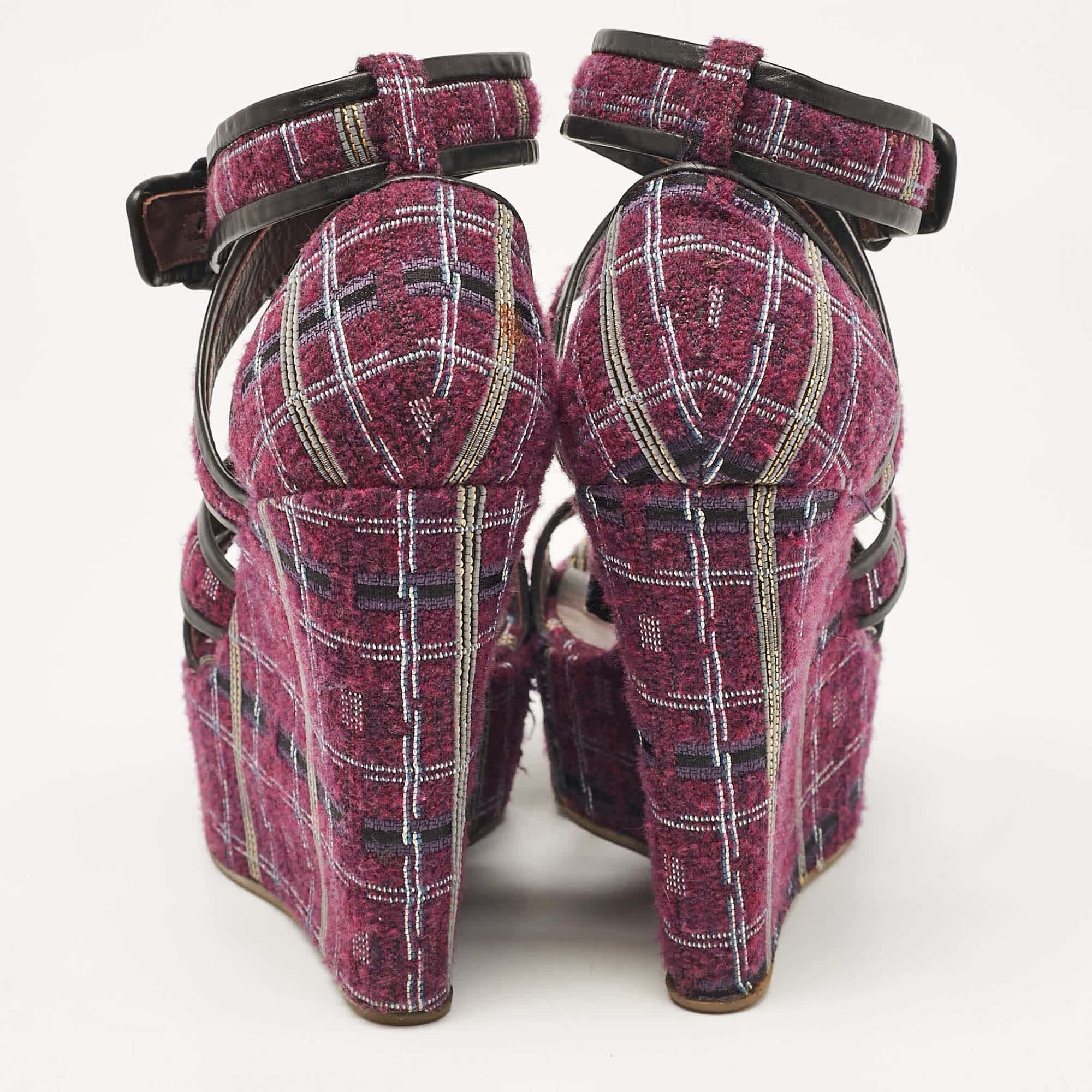 Magenta Etro Magenta Pink/black Tweed And Leather Platform Wedge Sandals