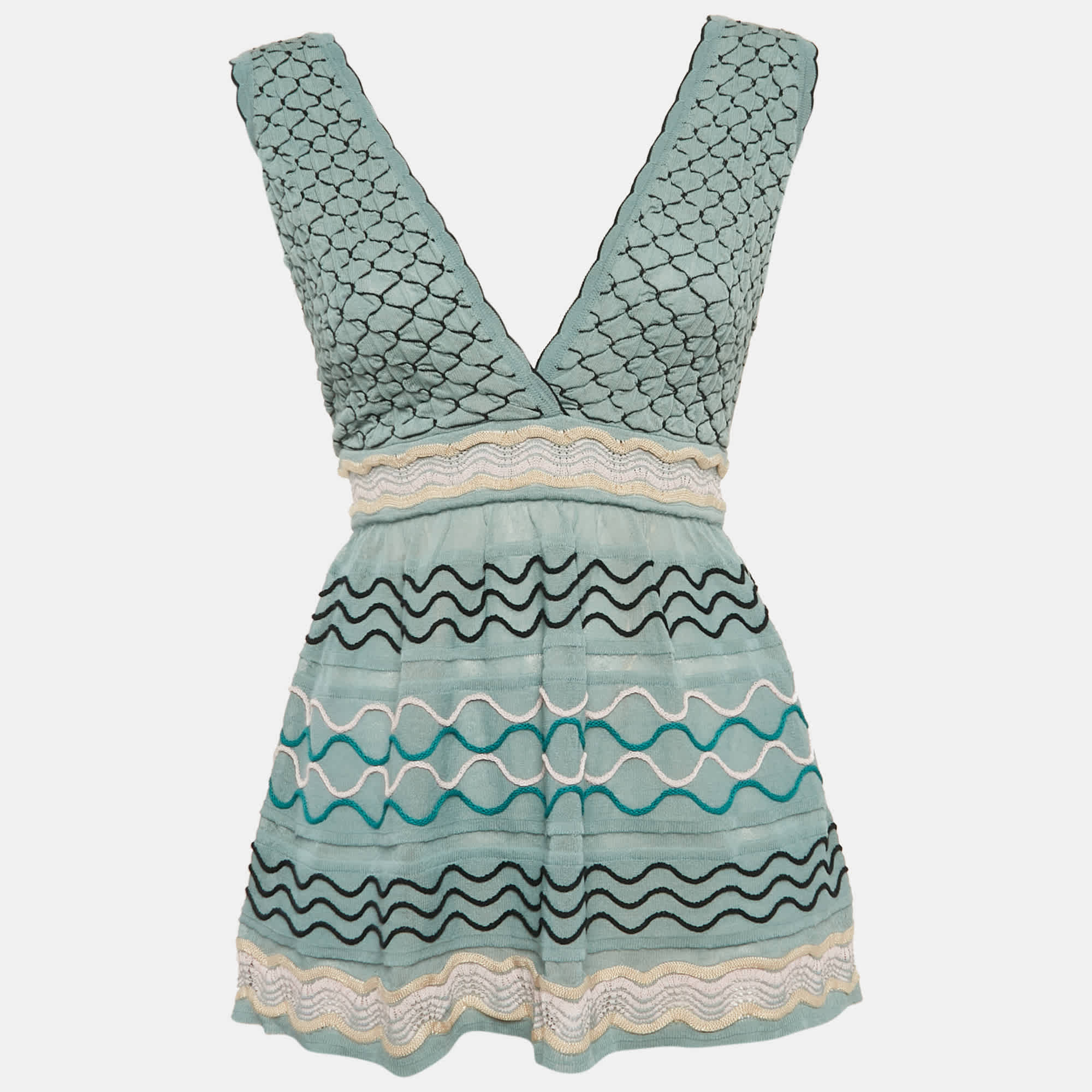 M Missoni Blue Patterned Knit V - Neck Flared Top