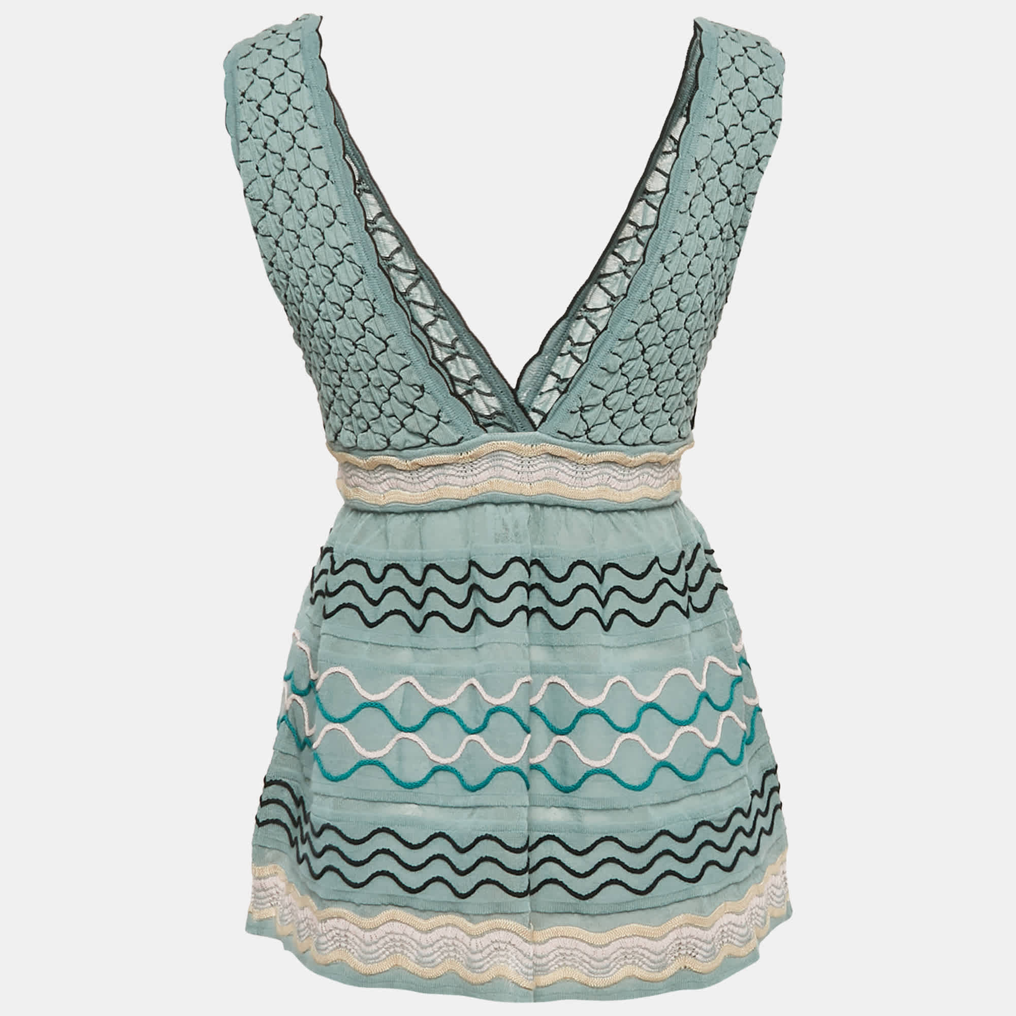 M Missoni Blue Patterned Knit V - Neck Flared Top