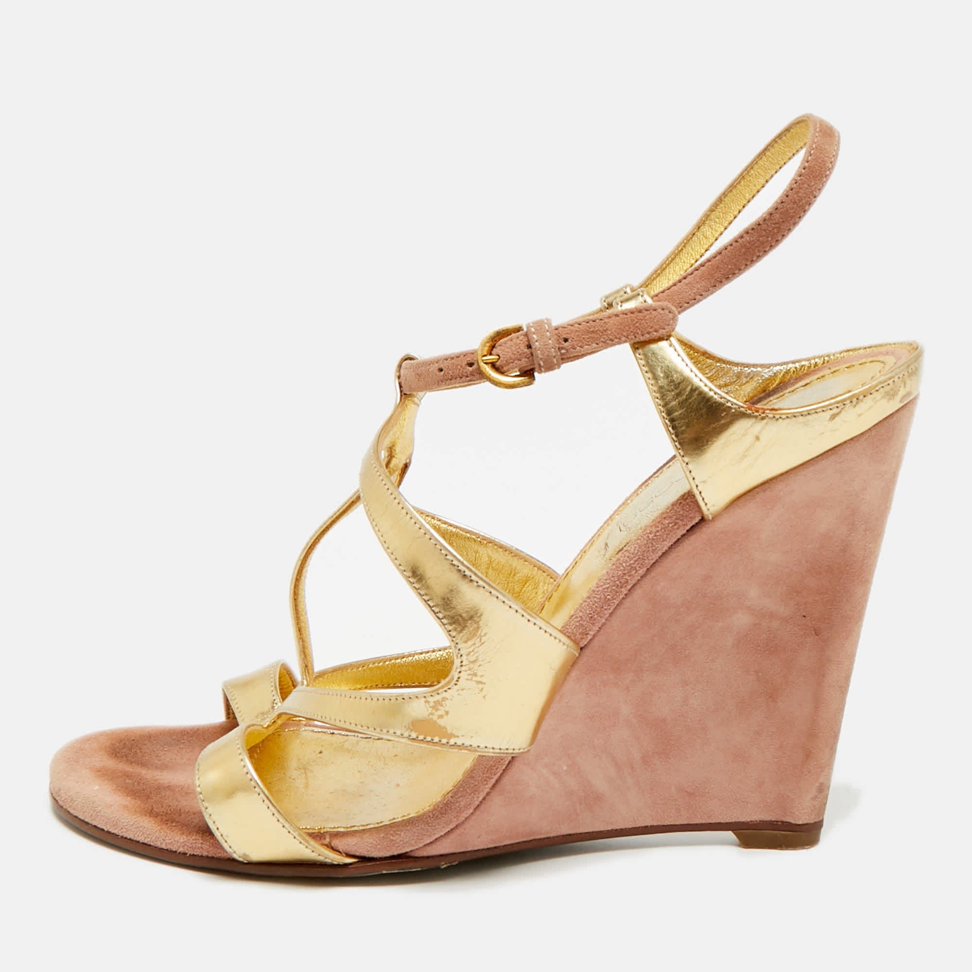 And Size 37.5 Gold/beige Leather And Suede Wedge Sandals