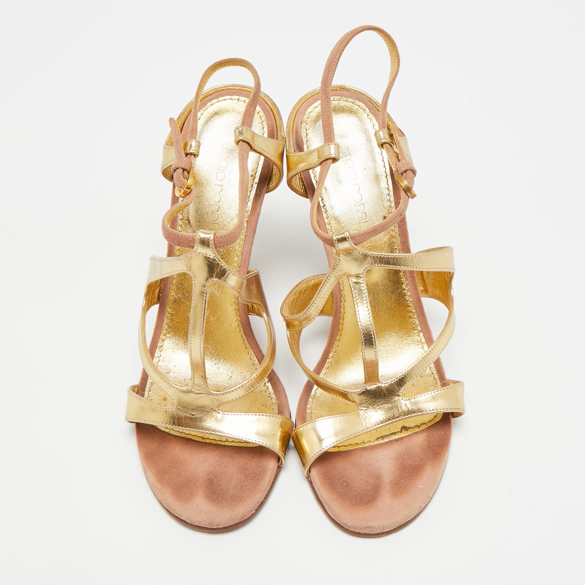 And Size 37.5 Gold/beige Leather And Suede Wedge Sandals