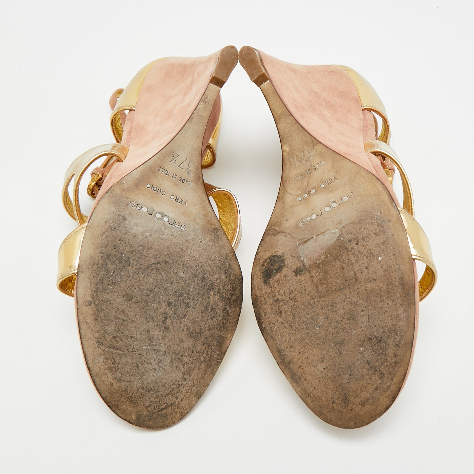 And Size 37.5 Gold/beige Leather And Suede Wedge Sandals