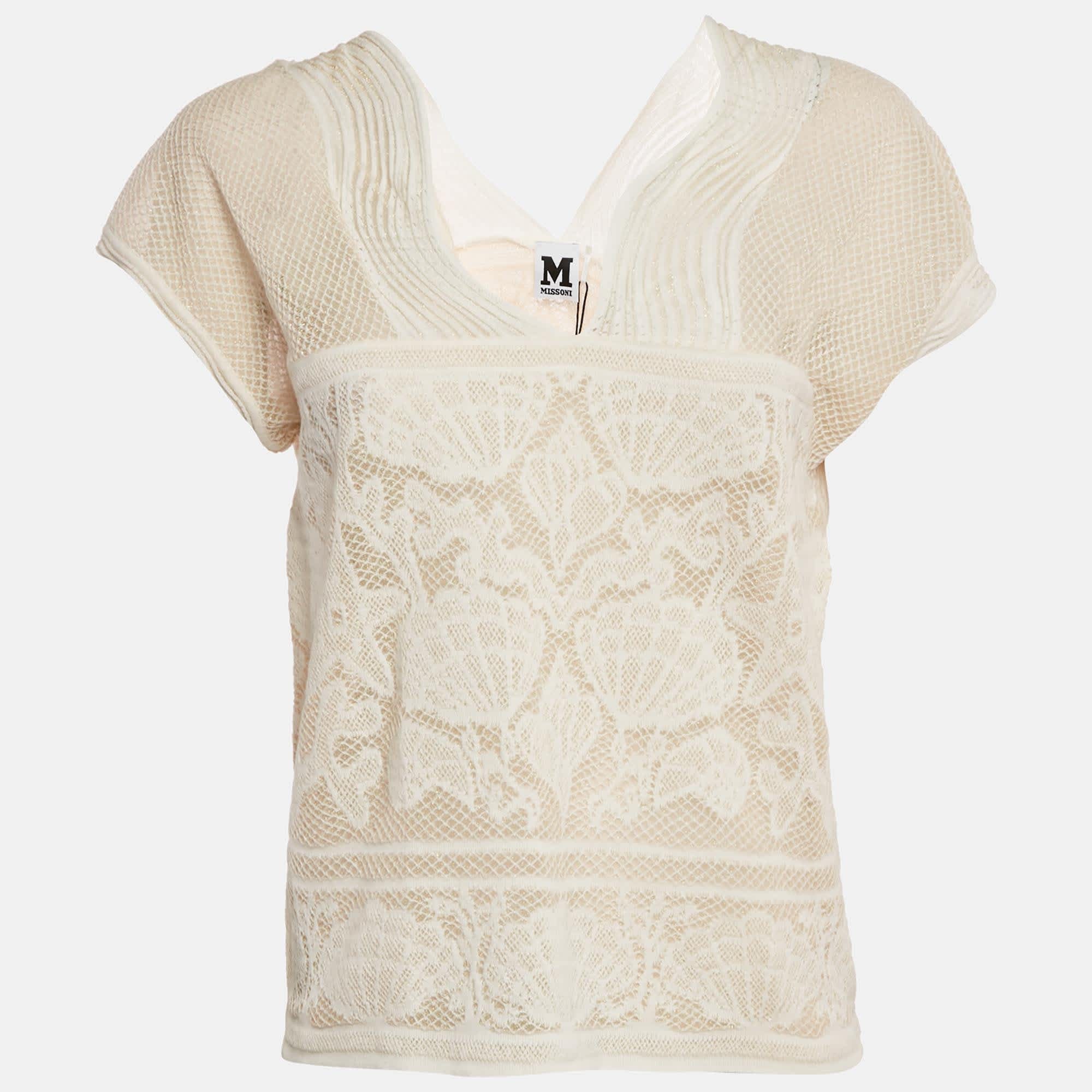 M Missoni White Seashell Pattern Lurex Knit V - Neck Top