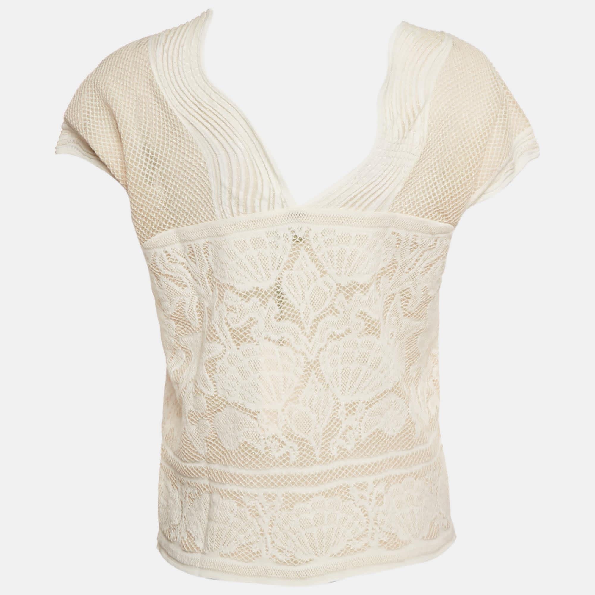 M Missoni White Seashell Pattern Lurex Knit V - Neck Top