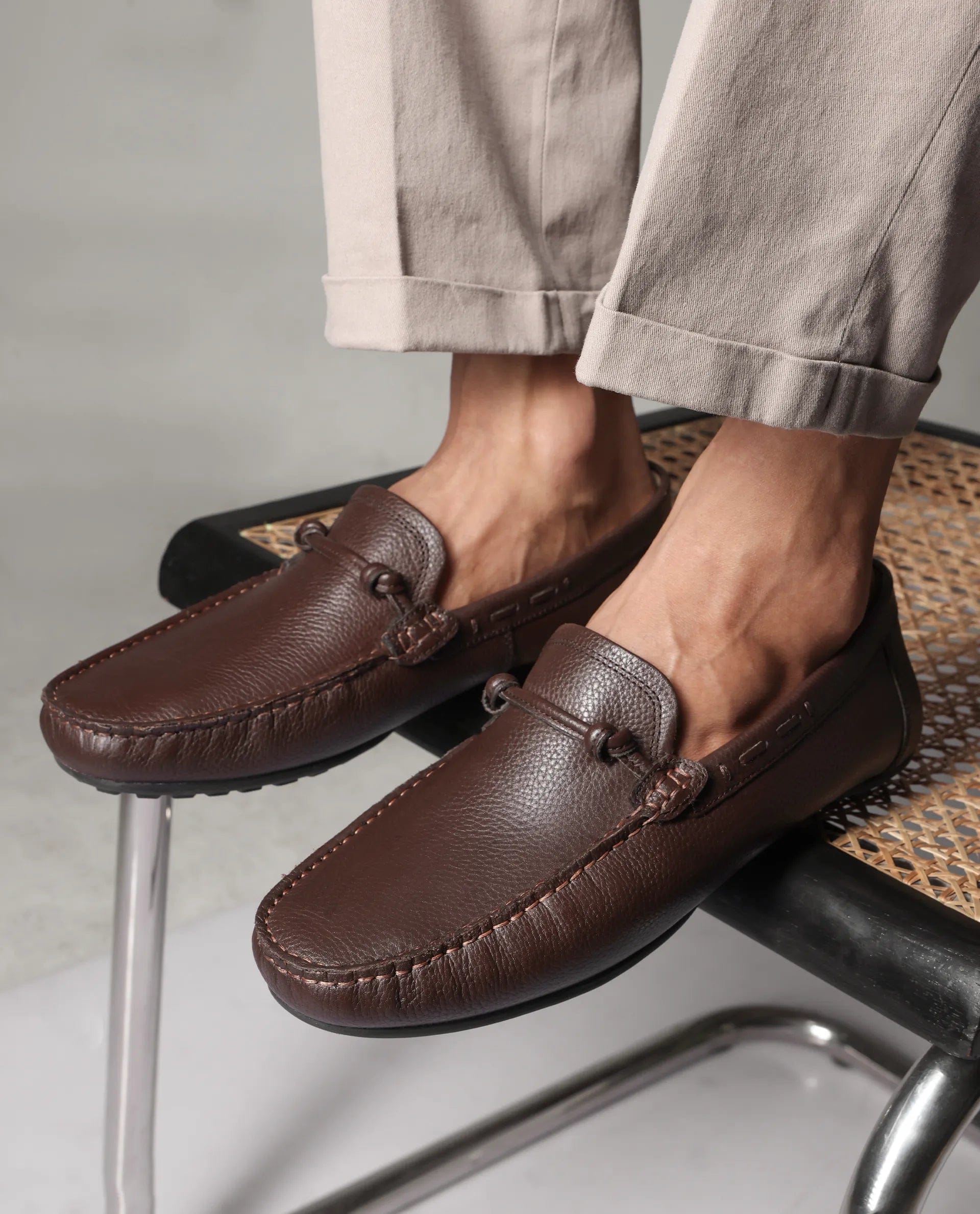 RAREZ Rare Rabbit Men's Knott Brown Slip - On Genuine Milled Leather Driving Mocassin
