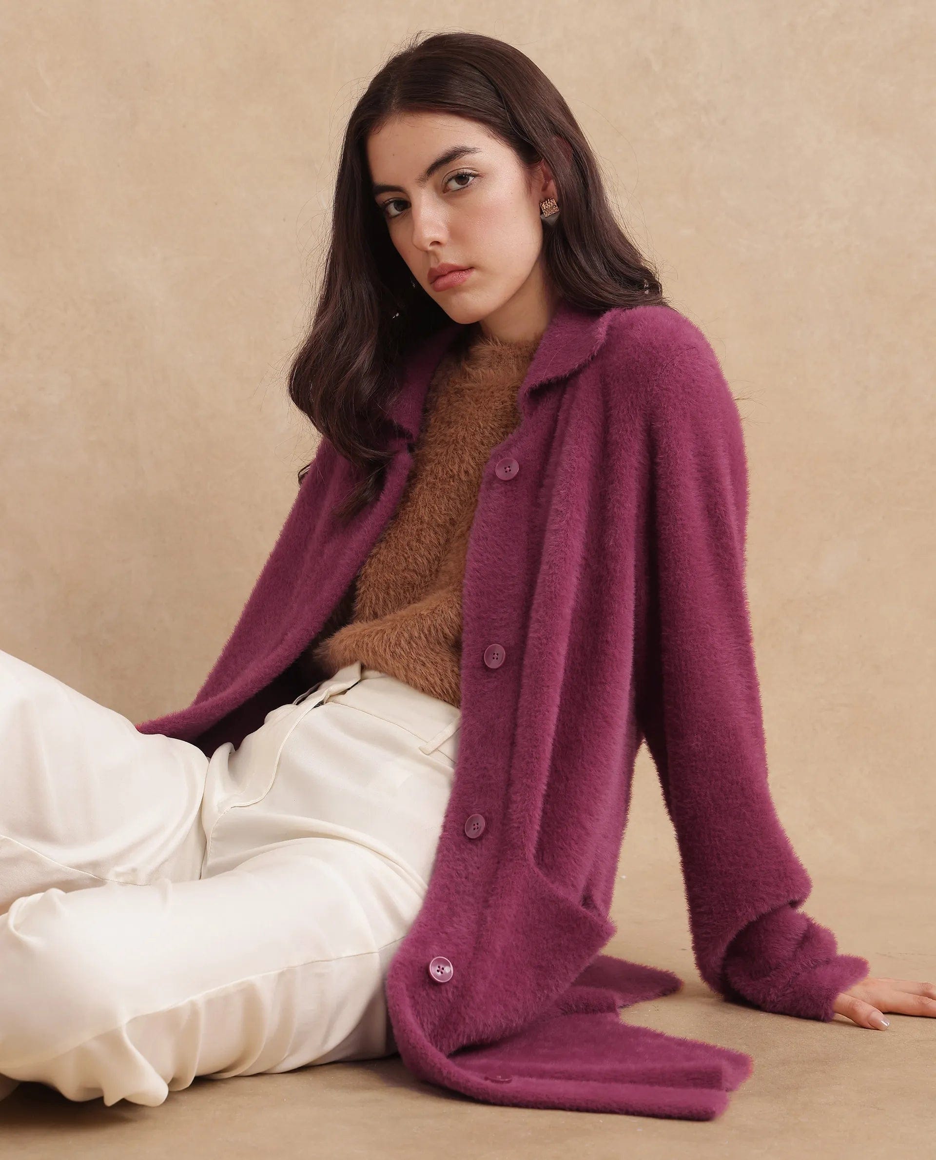 Rareism Women's Krataz Dusky Maroon Nylon Spread Collar Plain Cuffed Sleeve Knee Length Regular Fit Jacket