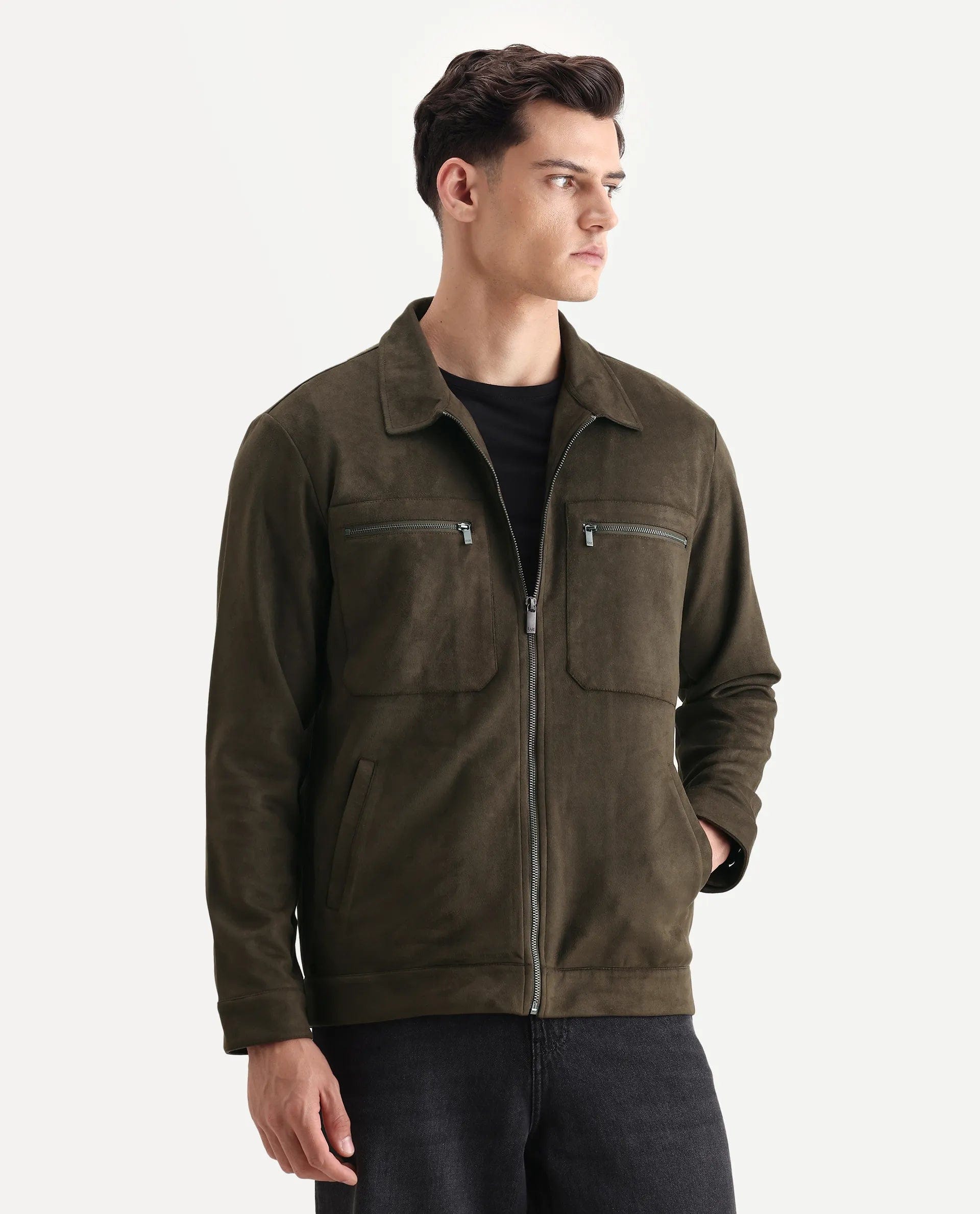 RARE Rabbit Men's Bax - 25 Dark Olive Polyester Blend Plain Relaxed Fit Full Sleeve Spread Collar Jacket