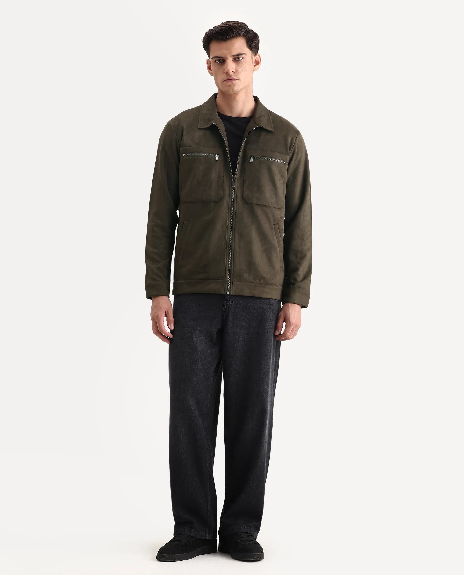 RARE Rabbit Men's Bax - 25 Dark Olive Polyester Blend Plain Relaxed Fit Full Sleeve Spread Collar Jacket
