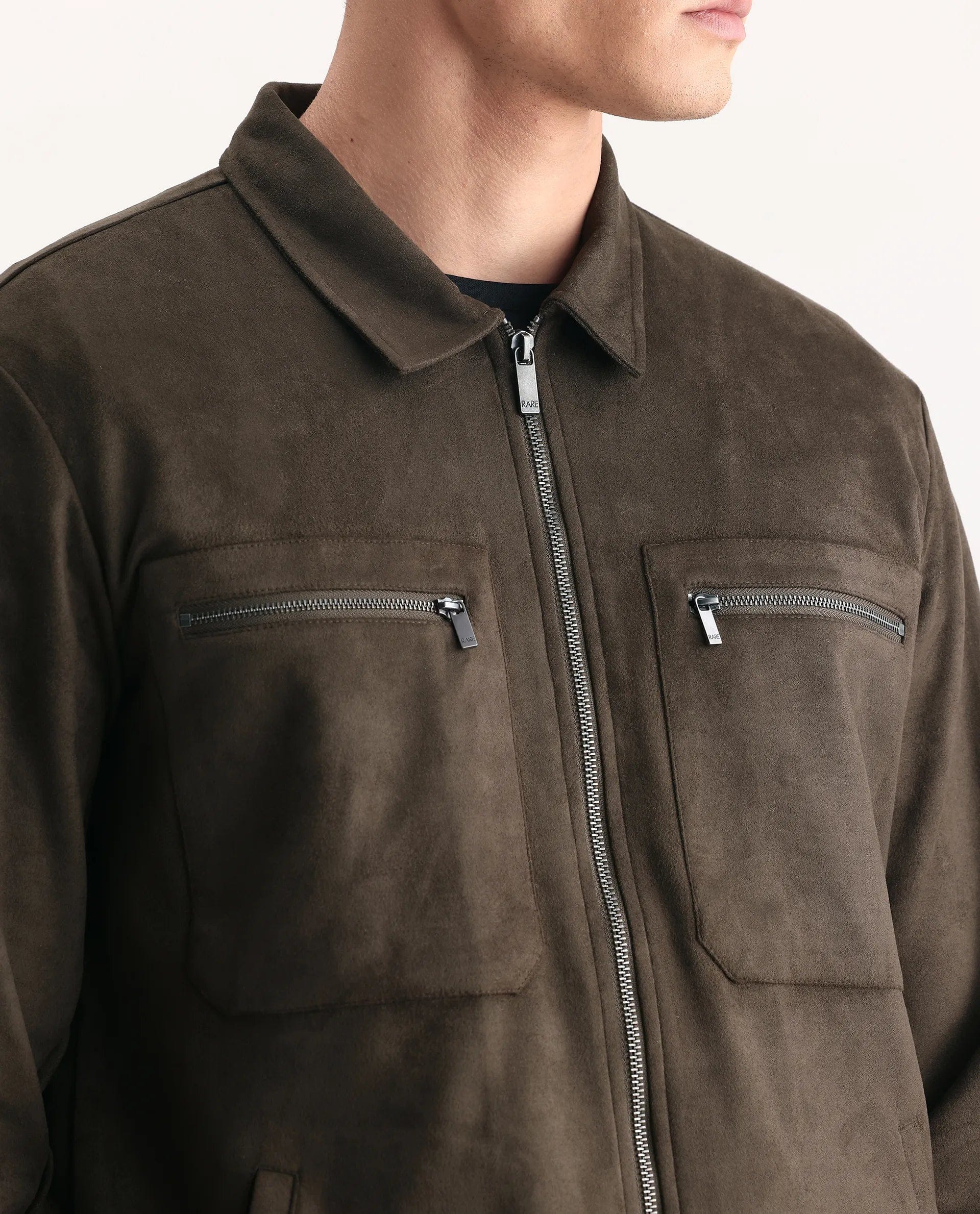 RARE Rabbit Men's Bax - 25 Dark Olive Polyester Blend Plain Relaxed Fit Full Sleeve Spread Collar Jacket