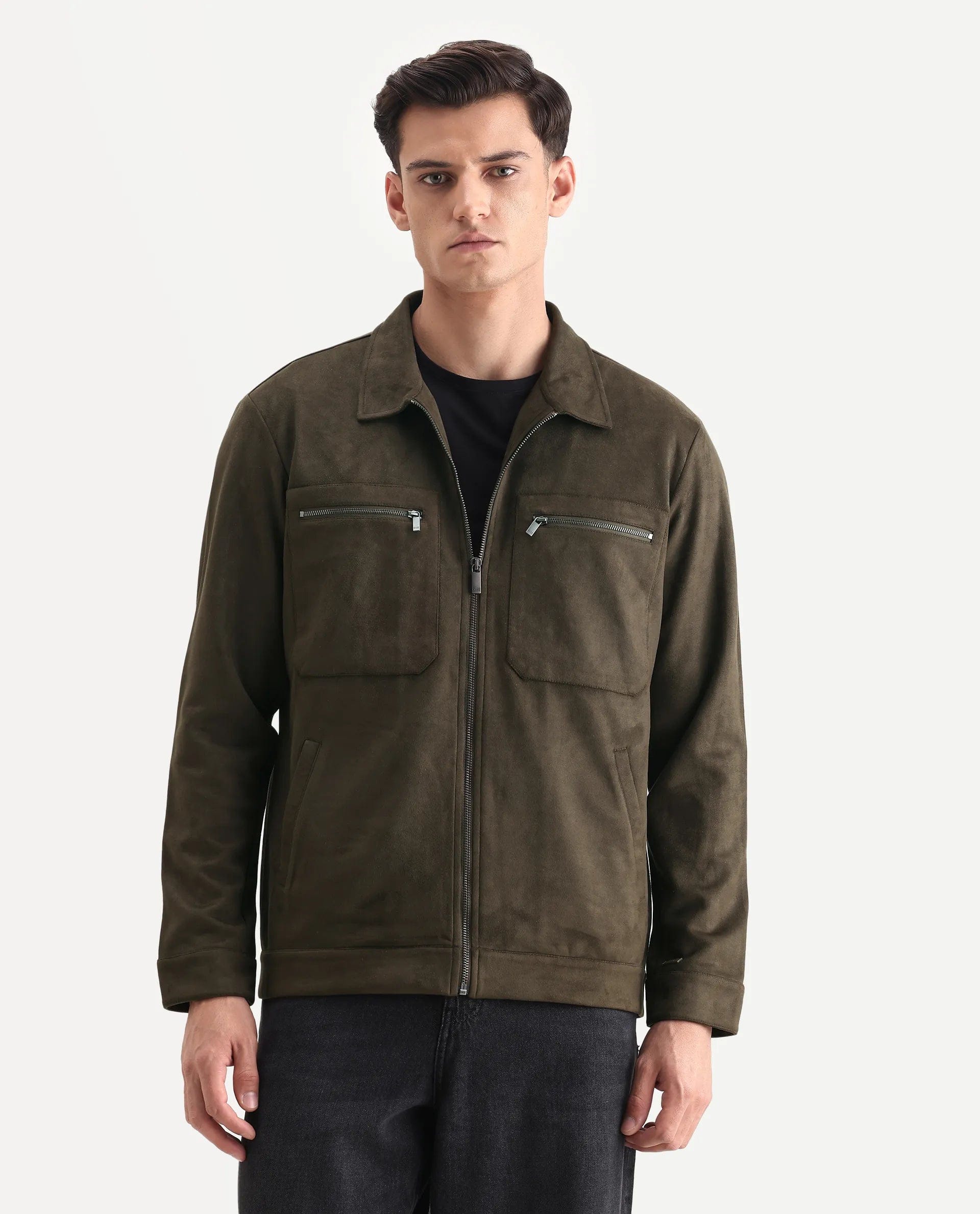 RARE Rabbit Men's Bax - 25 Dark Olive Polyester Blend Plain Relaxed Fit Full Sleeve Spread Collar Jacket