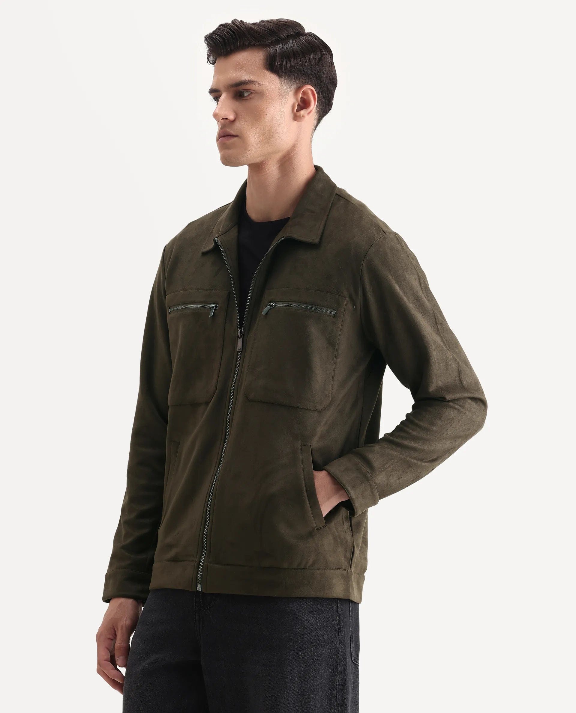 RARE Rabbit Men's Bax - 25 Dark Olive Polyester Blend Plain Relaxed Fit Full Sleeve Spread Collar Jacket