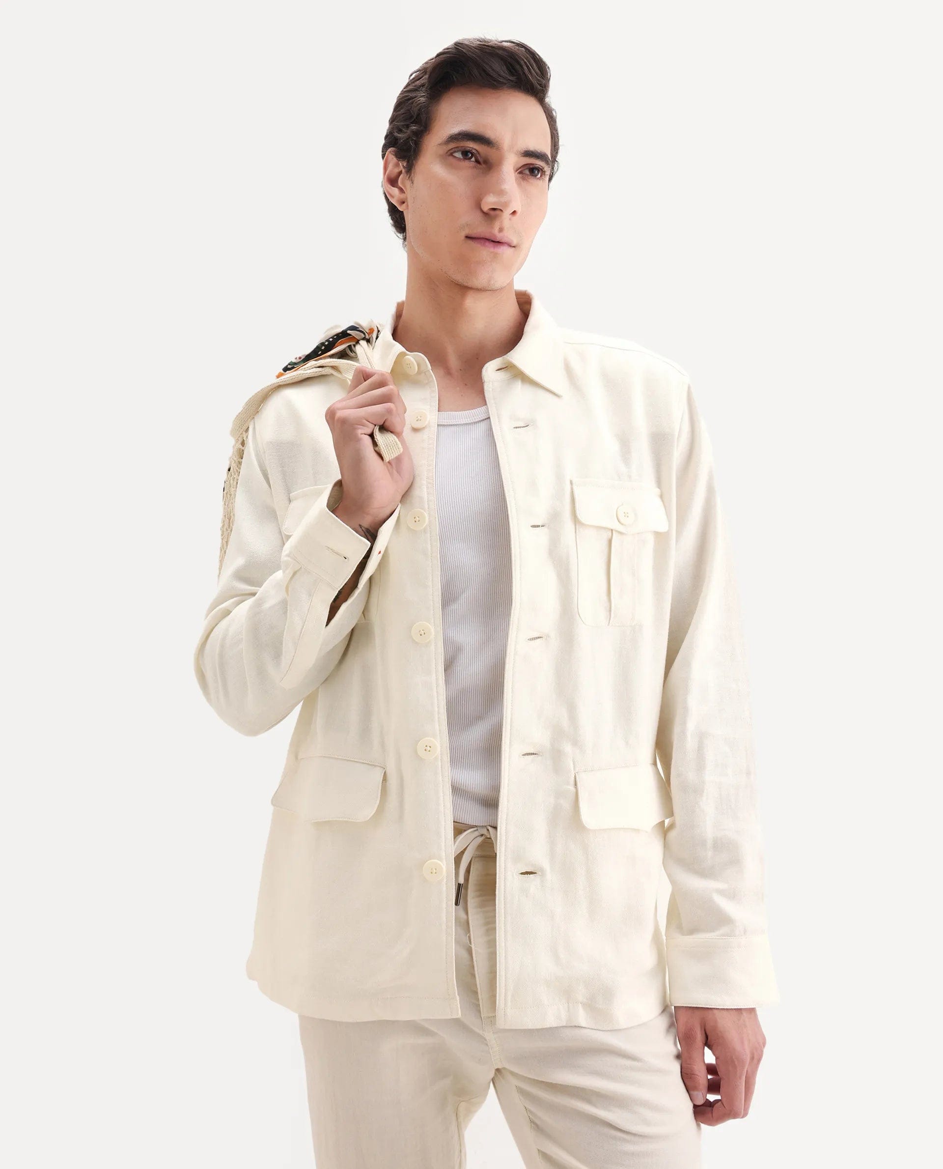 RARE Rabbit Men's Masoni - T Off White Linen Blend Fabric Collared Neck Regular Fit Plain Jacket
