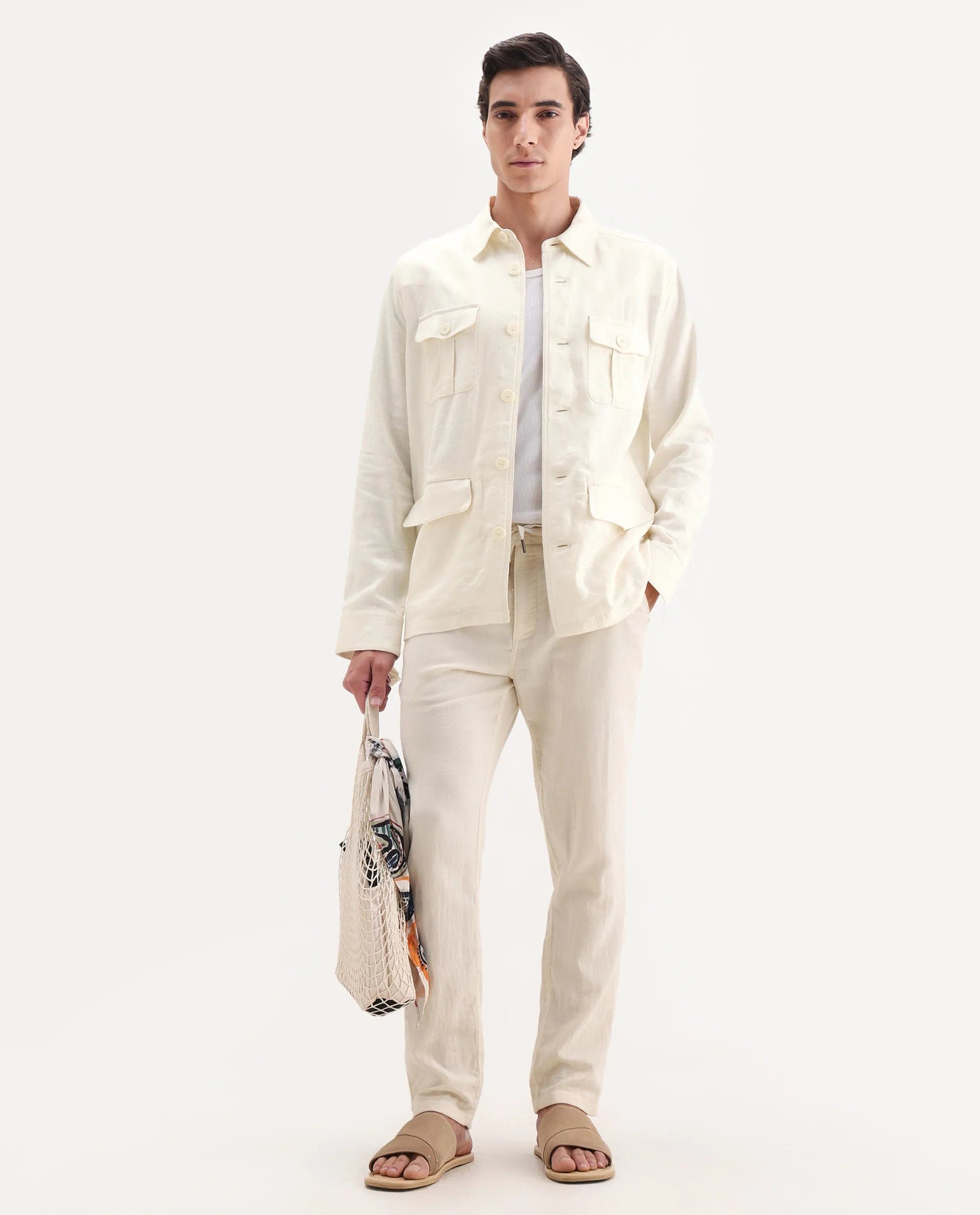 RARE Rabbit Men's Masoni - T Off White Linen Blend Fabric Collared Neck Regular Fit Plain Jacket