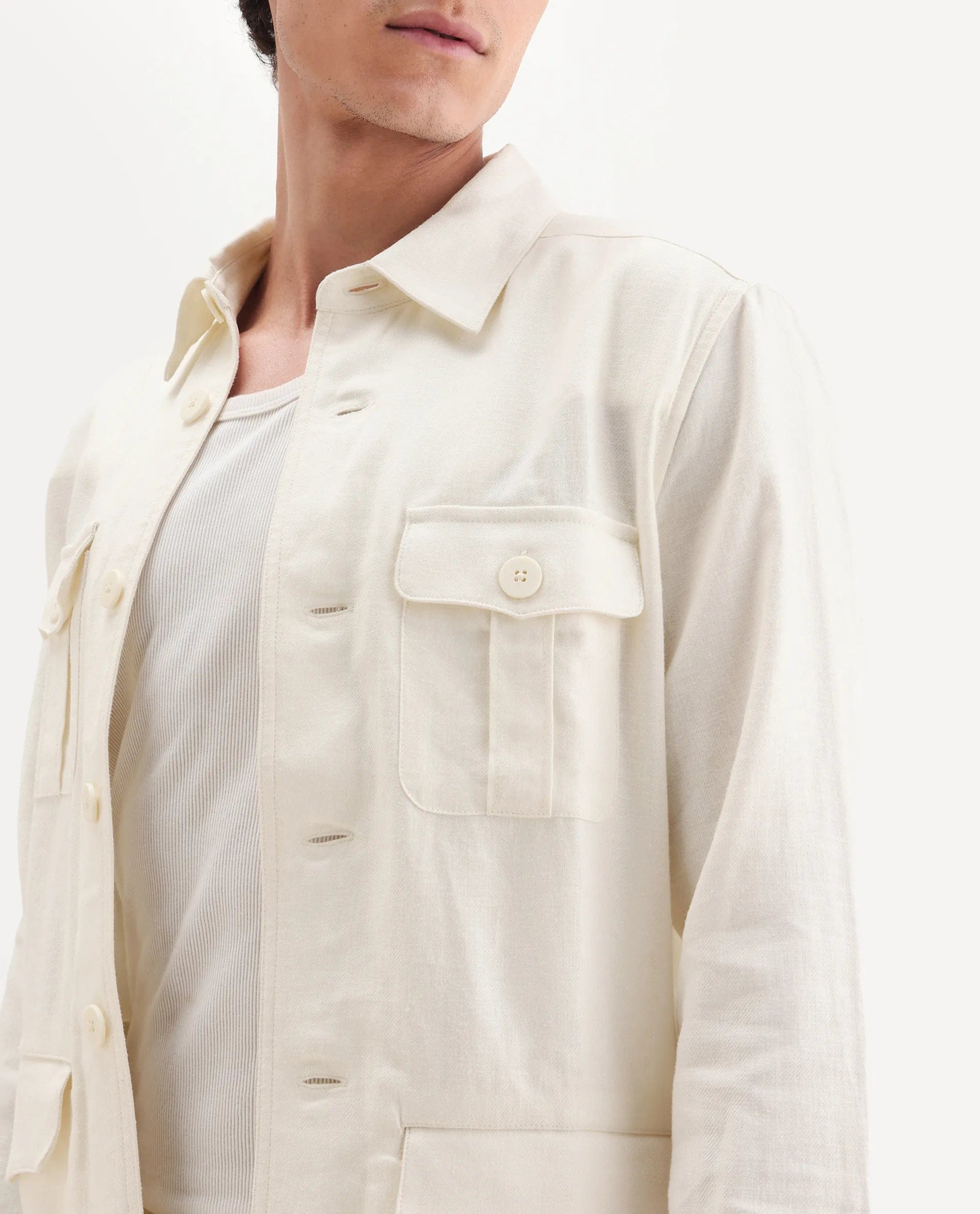 RARE Rabbit Men's Masoni - T Off White Linen Blend Fabric Collared Neck Regular Fit Plain Jacket