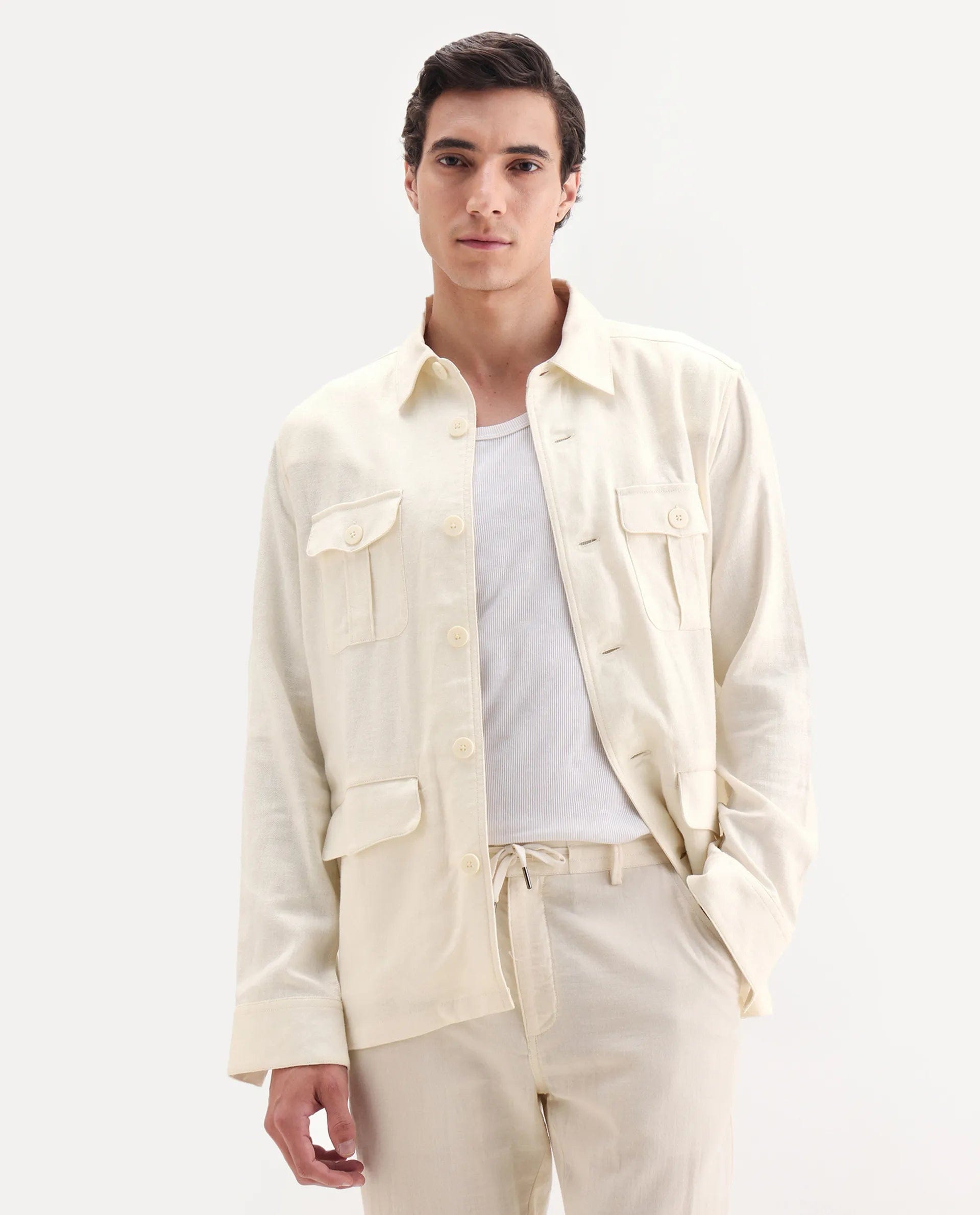 RARE Rabbit Men's Masoni - T Off White Linen Blend Fabric Collared Neck Regular Fit Plain Jacket