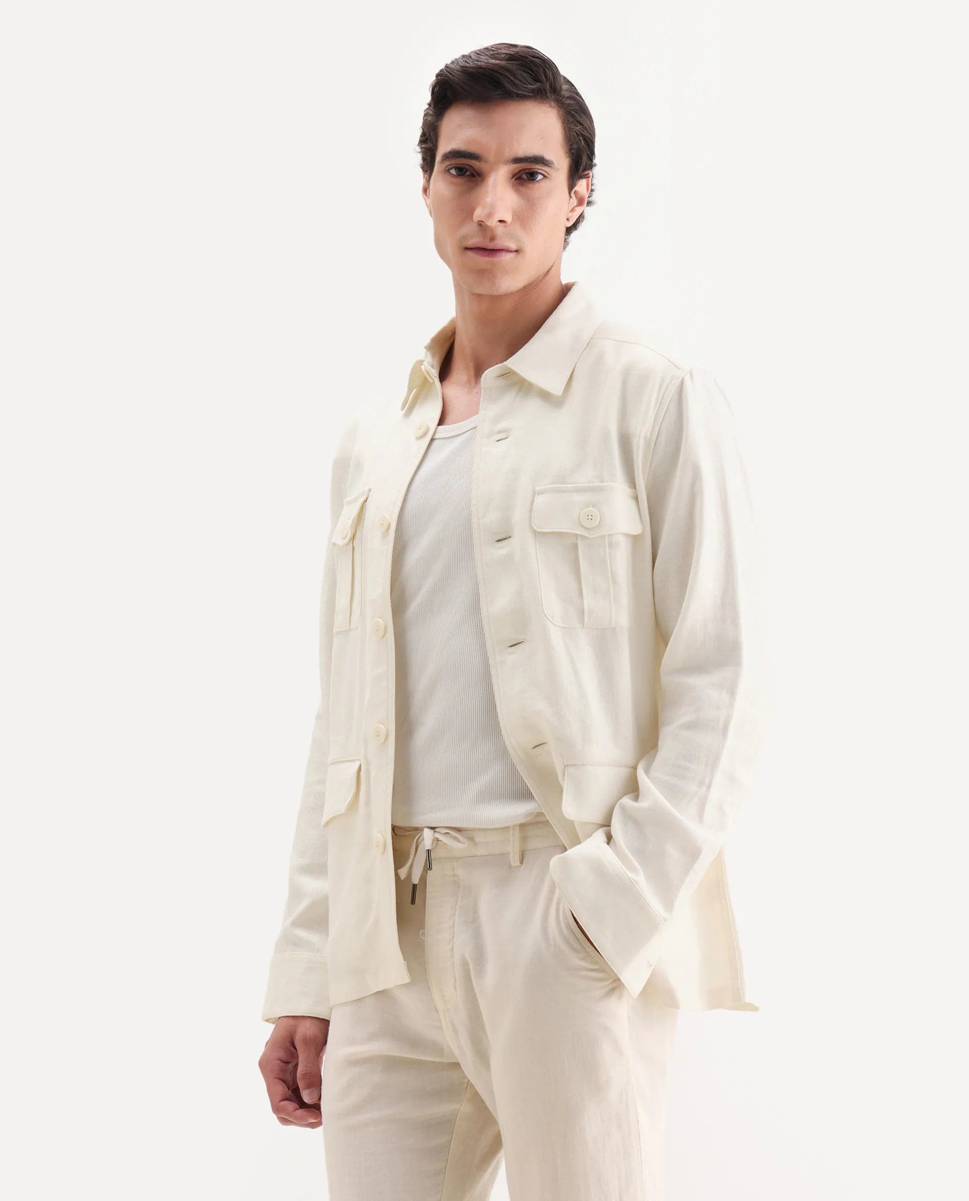 RARE Rabbit Men's Masoni - T Off White Linen Blend Fabric Collared Neck Regular Fit Plain Jacket
