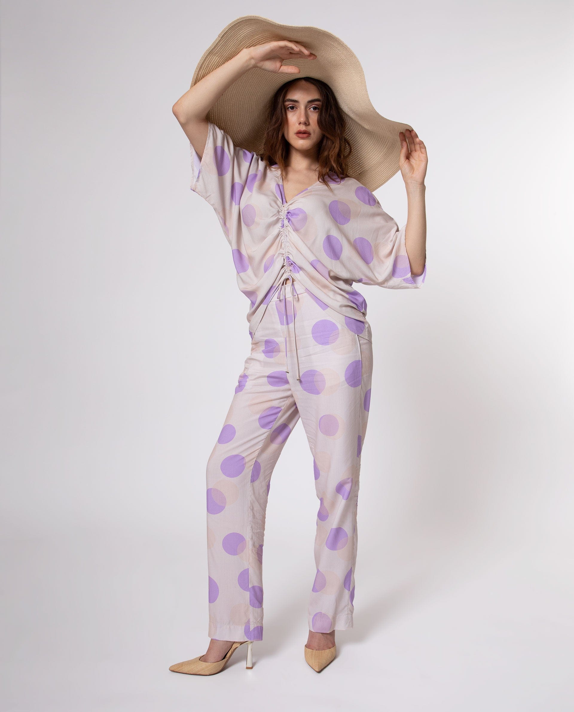 Rareism Women's Kelly Beige Viscose Polka Print Regular Fit Trouser