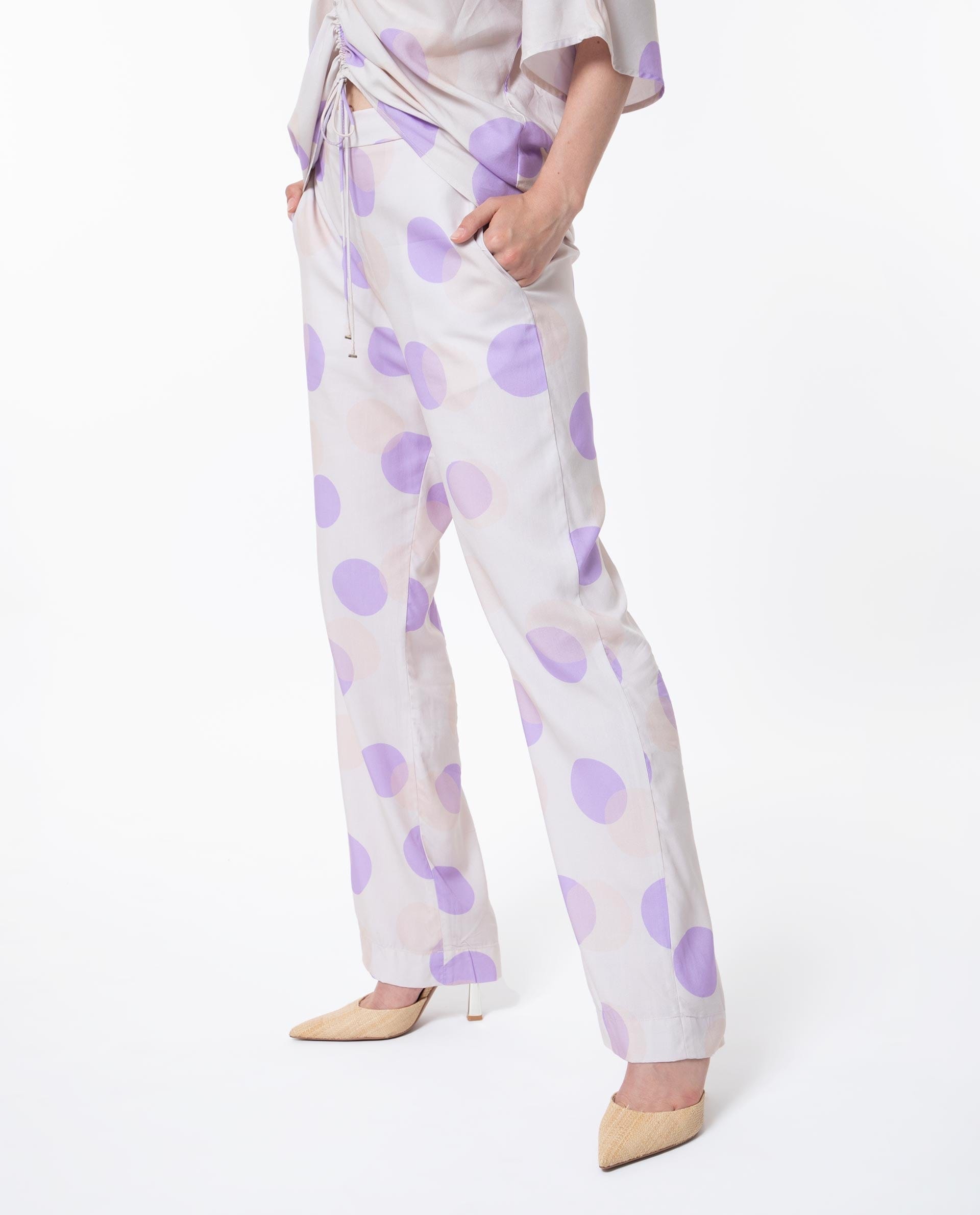 Rareism Women's Kelly Beige Viscose Polka Print Regular Fit Trouser