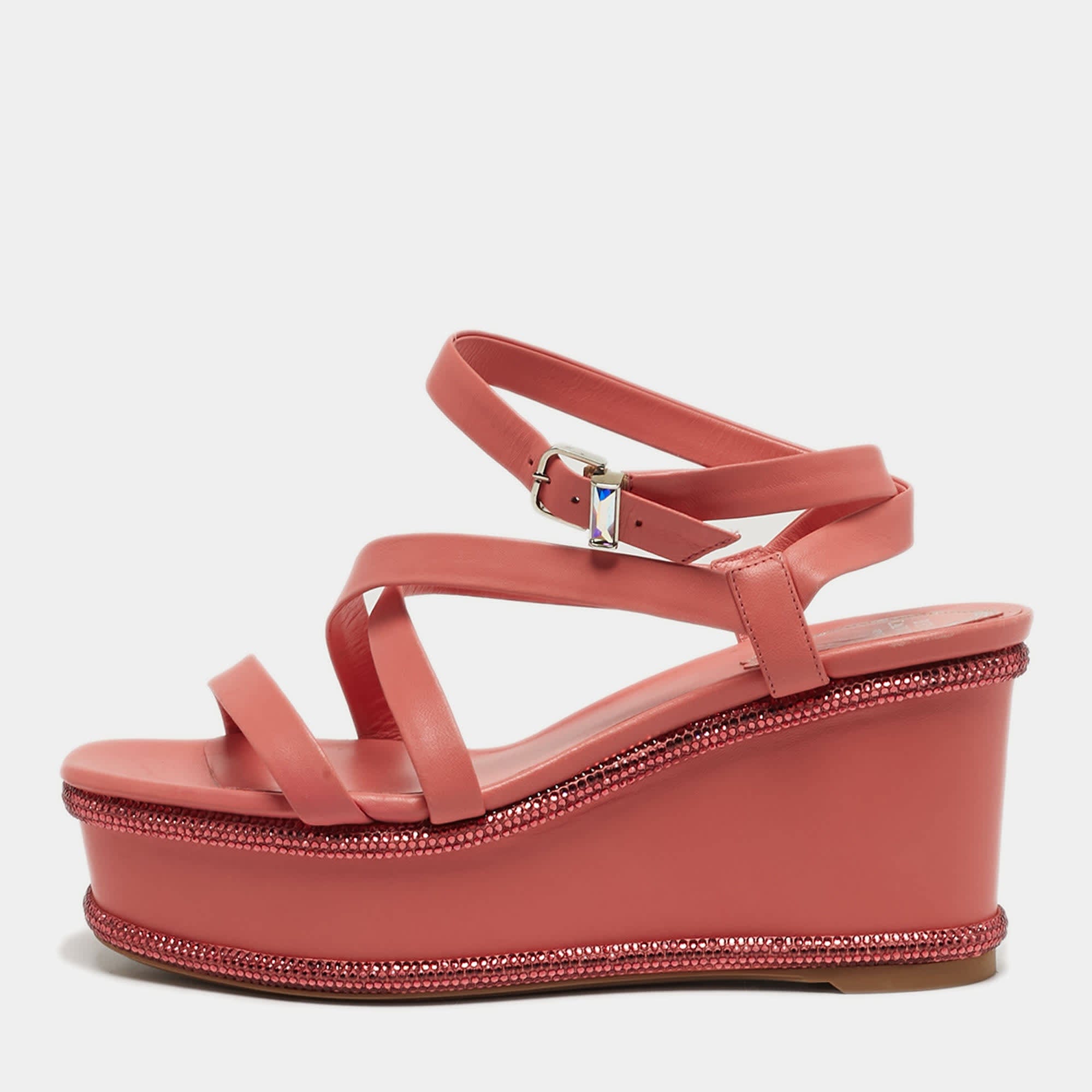 René Caovilla Size 37 Pink Leather Wedge Sandals