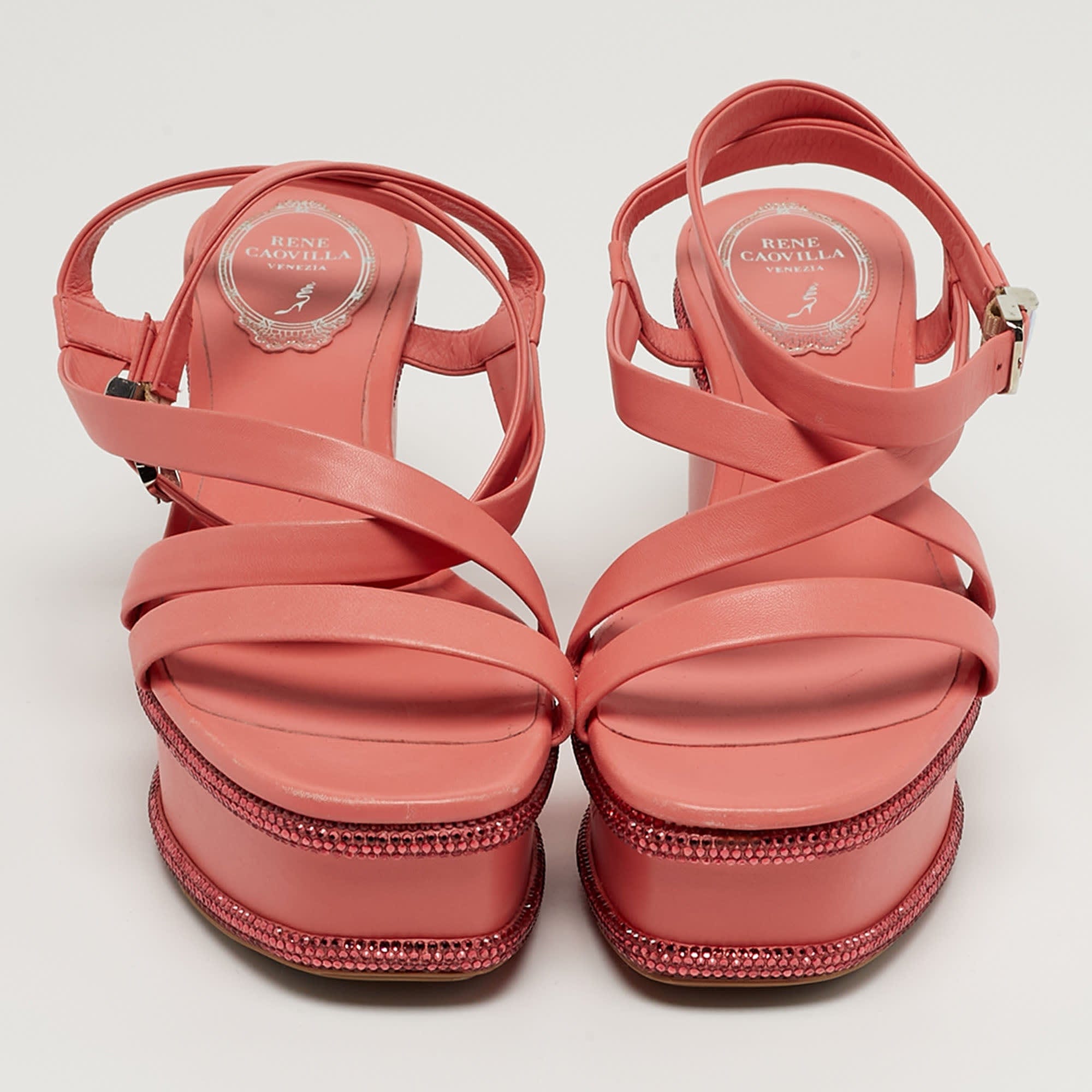 René Caovilla Size 37 Pink Leather Wedge Sandals