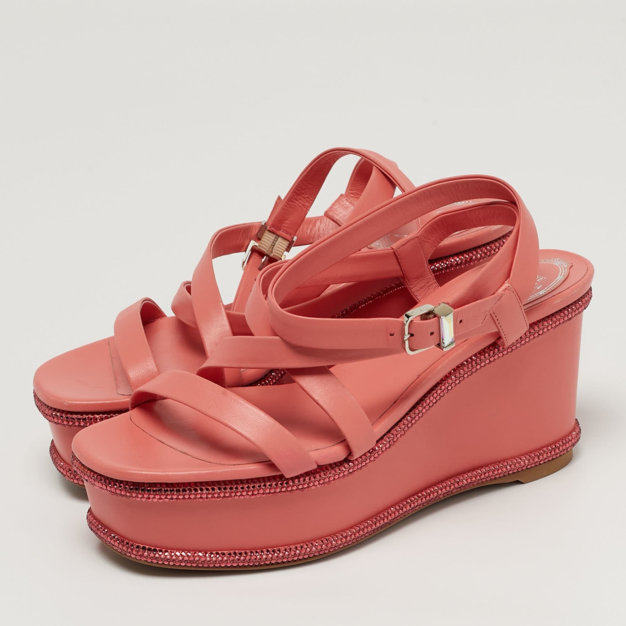 René Caovilla Size 37 Pink Leather Wedge Sandals