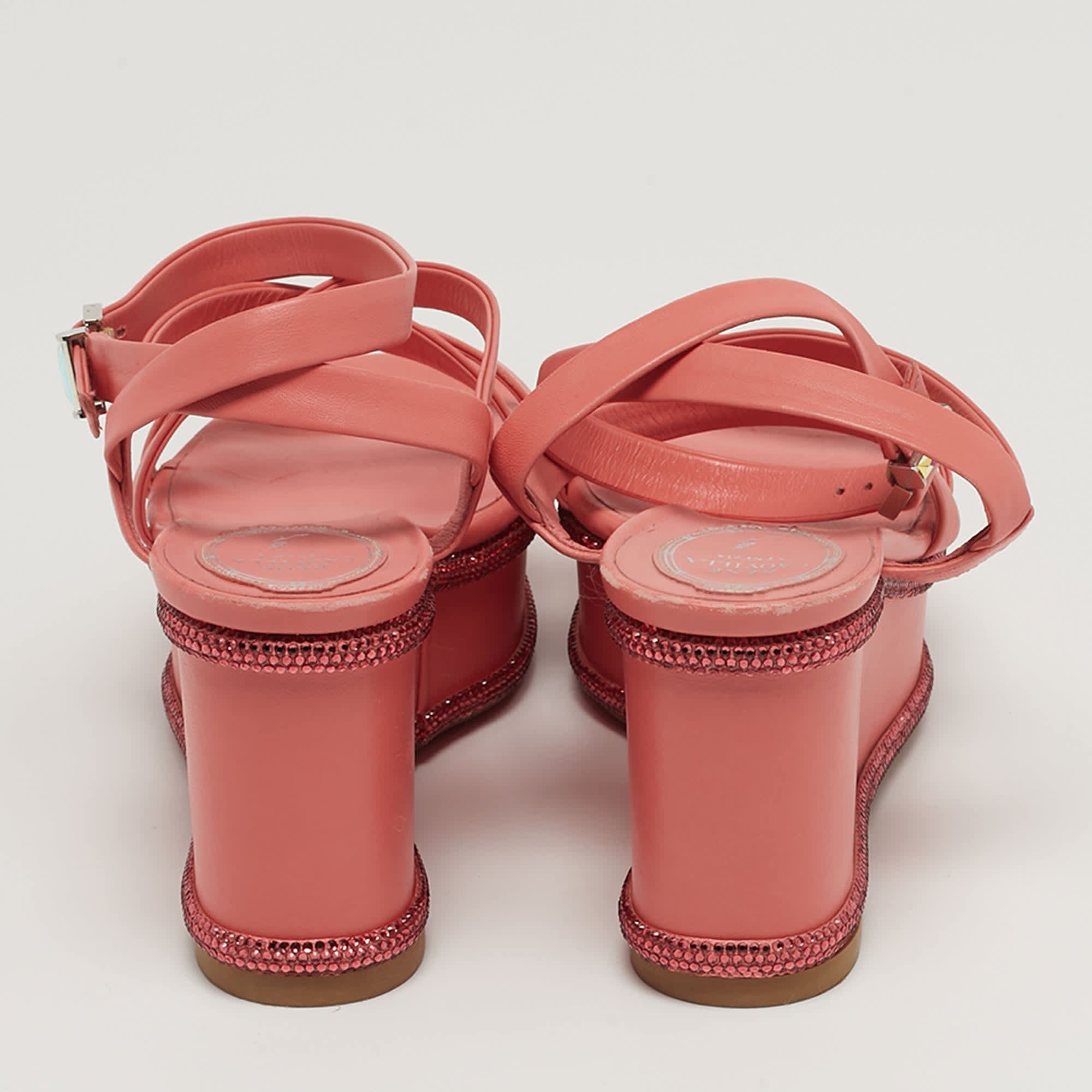 René Caovilla Size 37 Pink Leather Wedge Sandals
