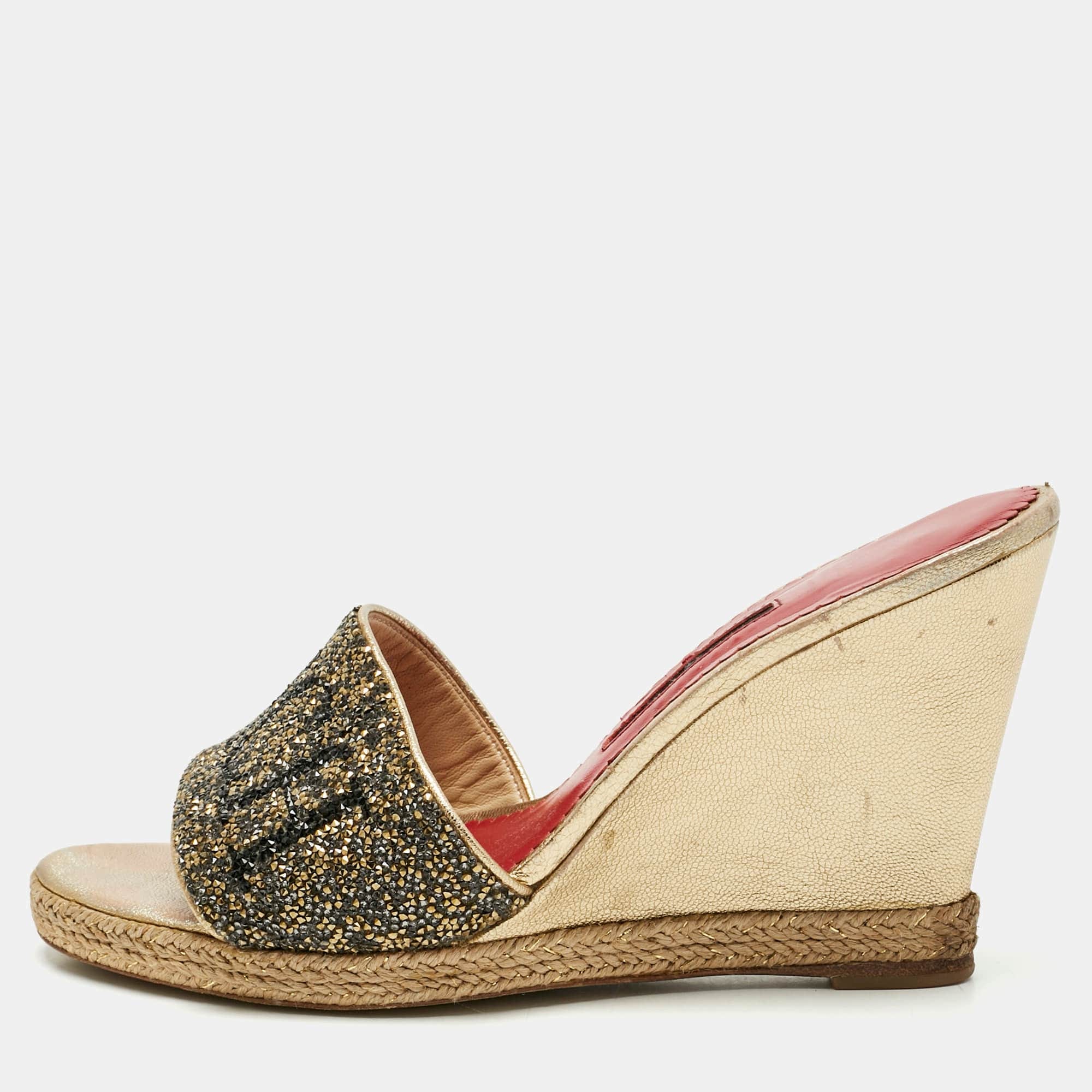 Ch Carolina Herrera Metallic Glitter And Leather Wedge Espadrille Sandals