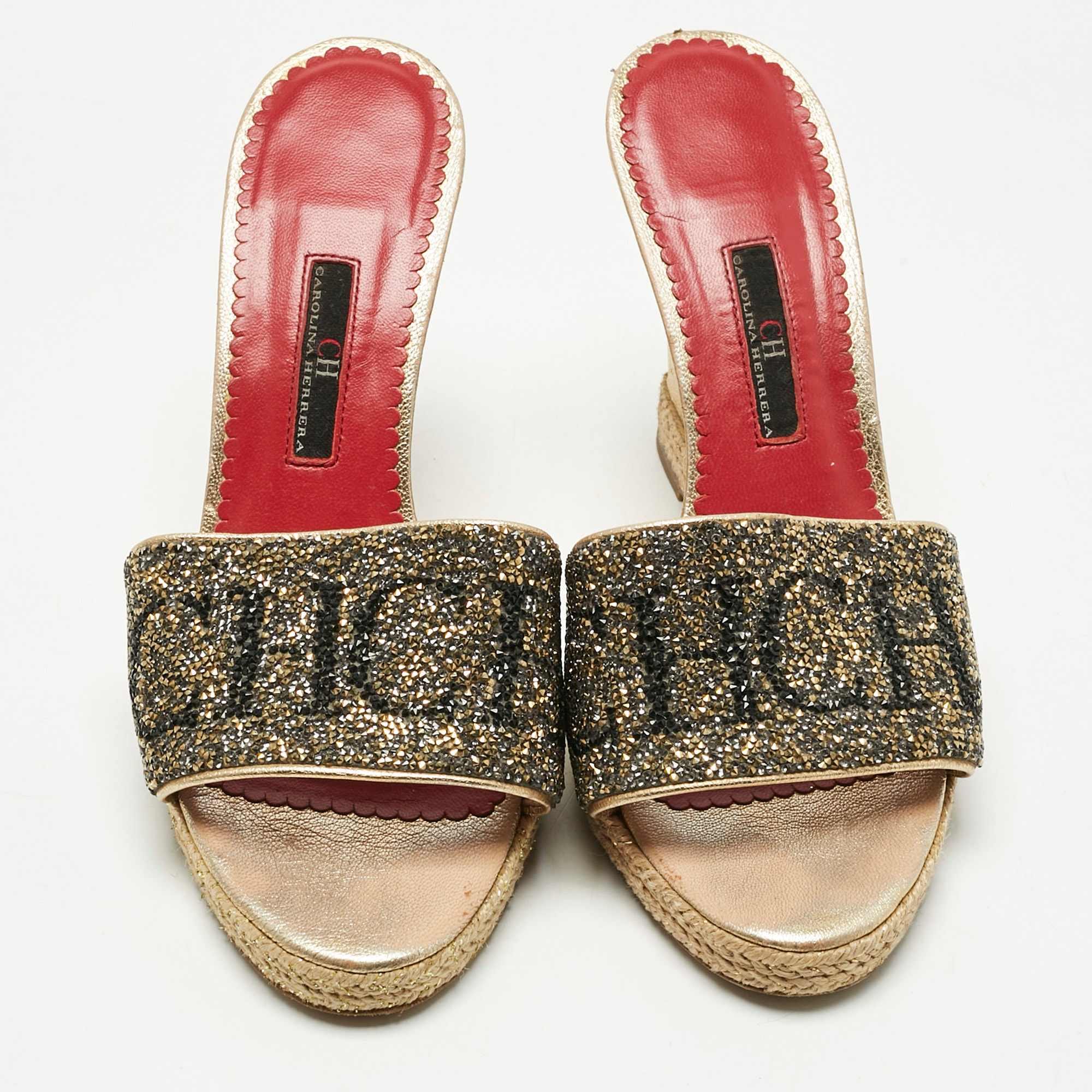 Ch Carolina Herrera Metallic Glitter And Leather Wedge Espadrille Sandals