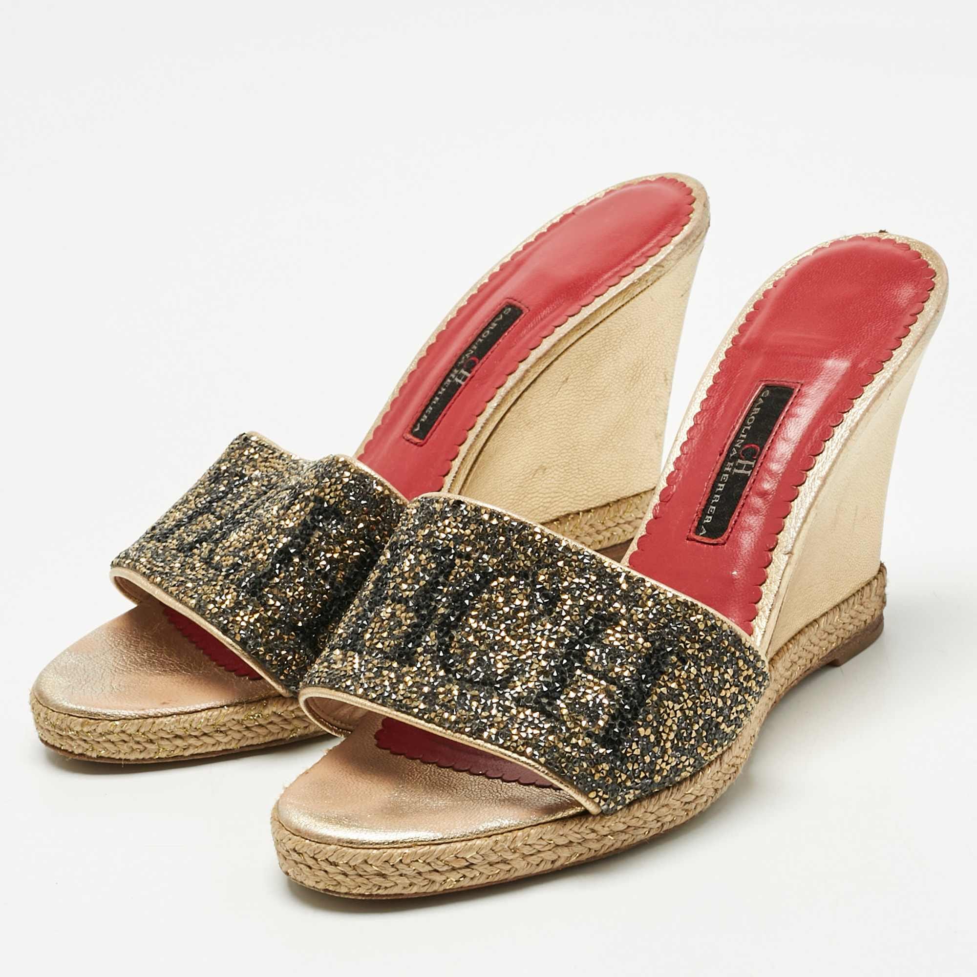 Ch Carolina Herrera Metallic Glitter And Leather Wedge Espadrille Sandals