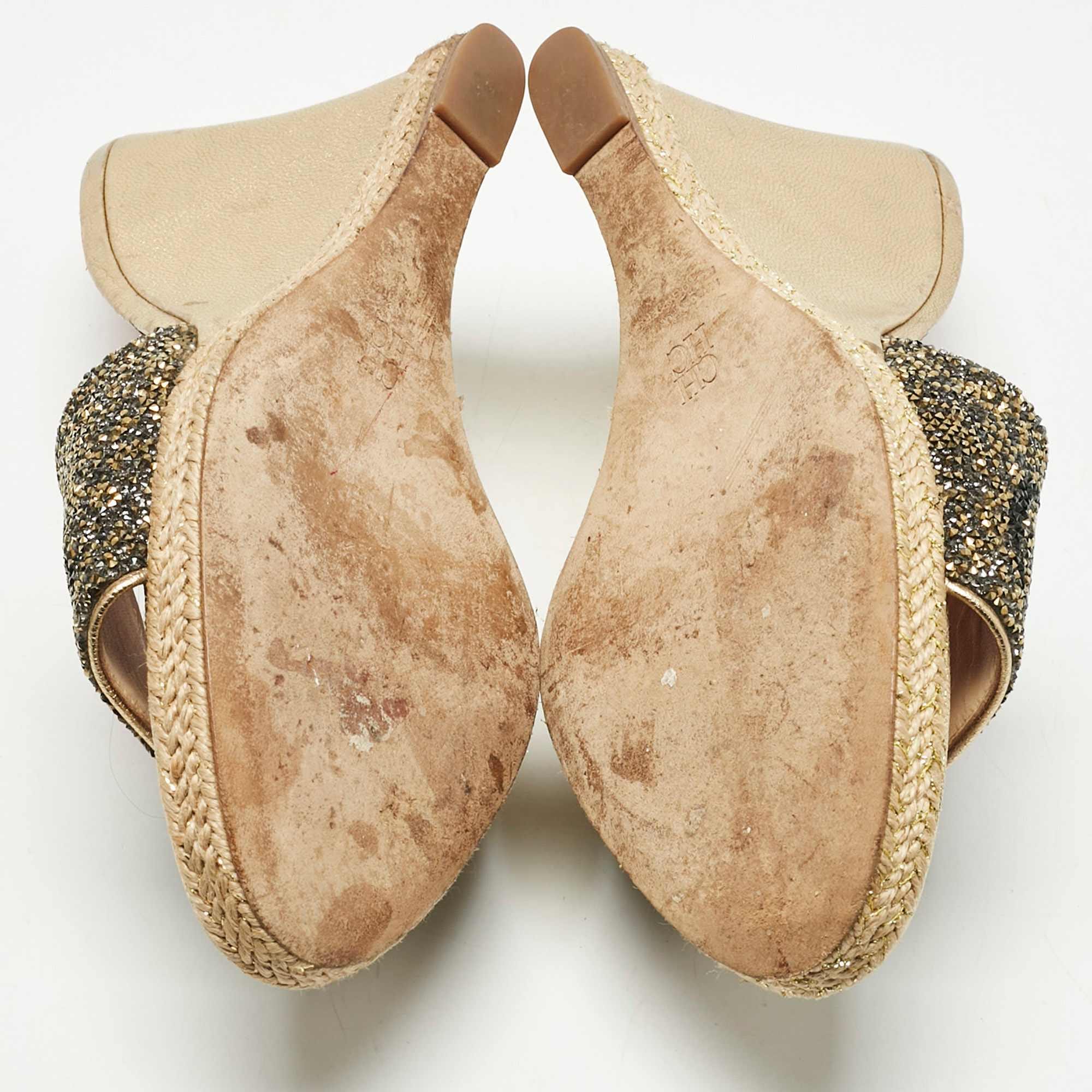 Ch Carolina Herrera Metallic Glitter And Leather Wedge Espadrille Sandals