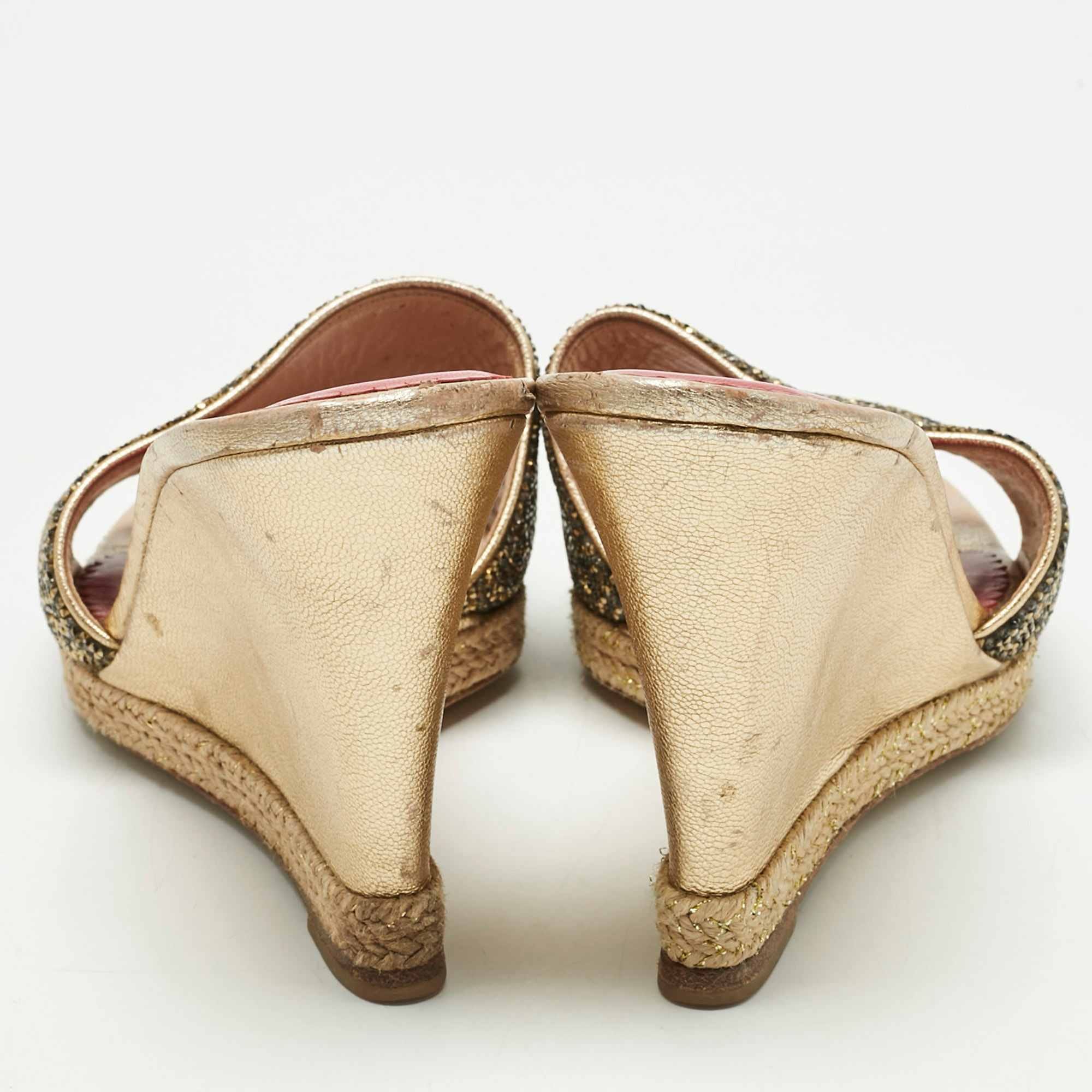 Ch Carolina Herrera Metallic Glitter And Leather Wedge Espadrille Sandals