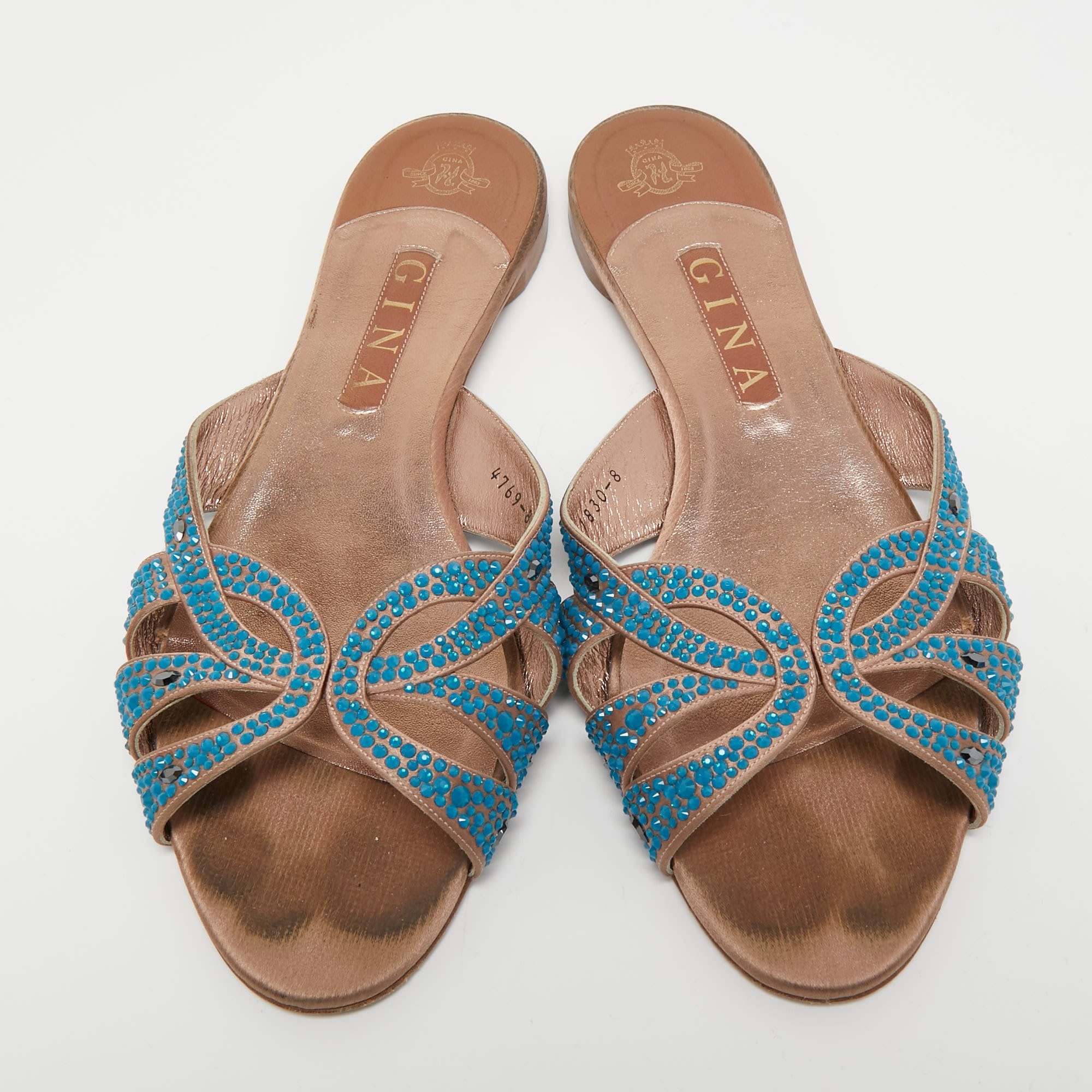 Slides Gina Pink/blue Crystal Embellished Satin Flat Slides