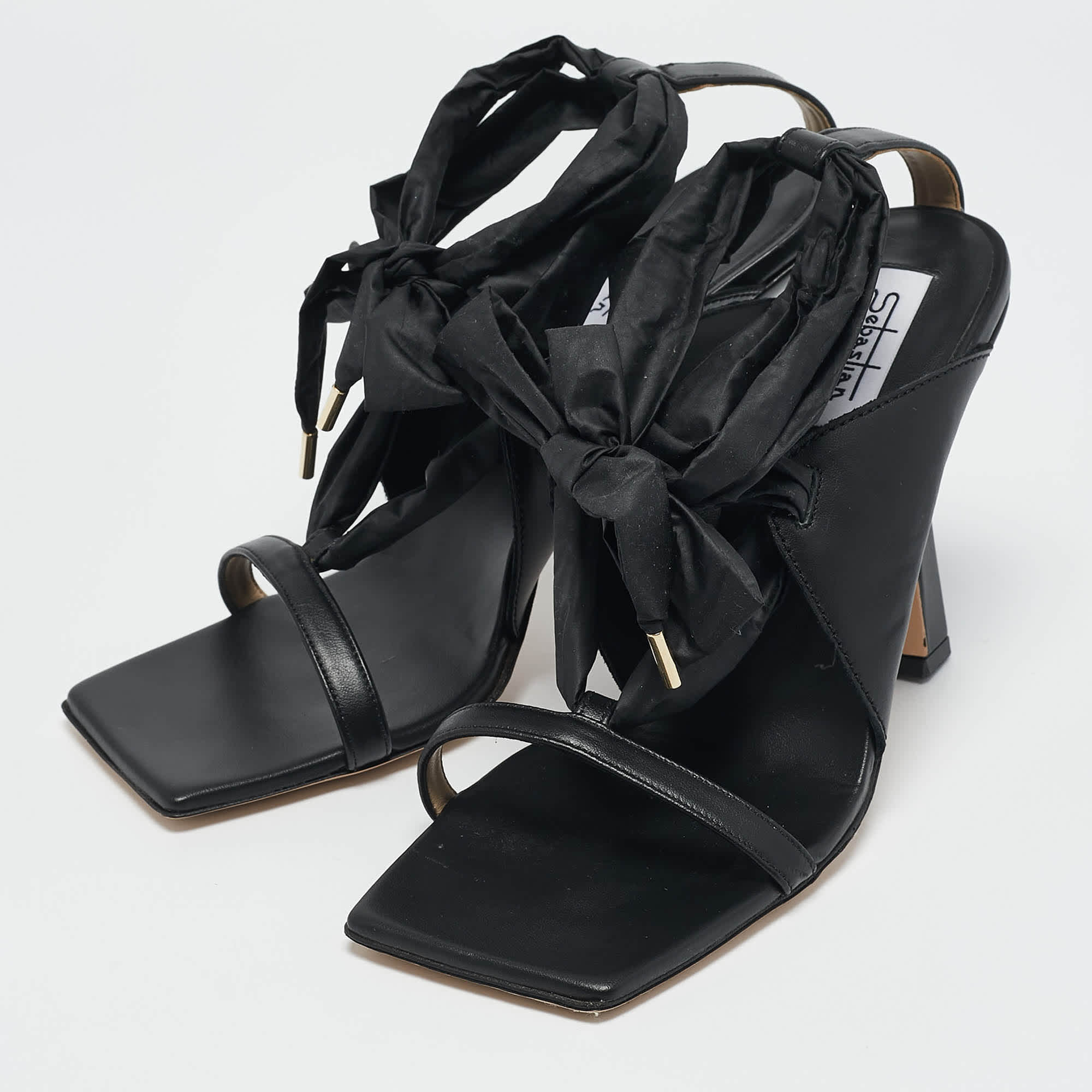 And Sebastian Black Leather And Nylon Ankle Tie Sandals