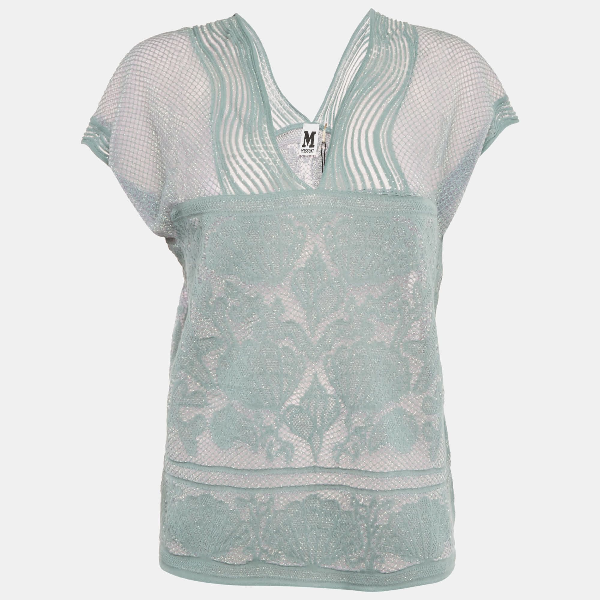 M Missoni Teal Blue Lures Knit V - Neck Top