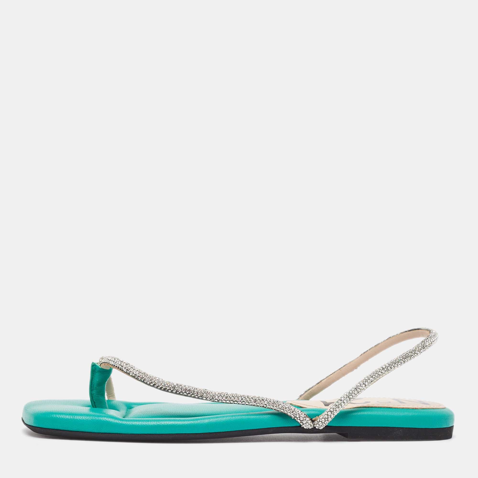 N21 Green Leather Crystal Embellished Slingback Sandals