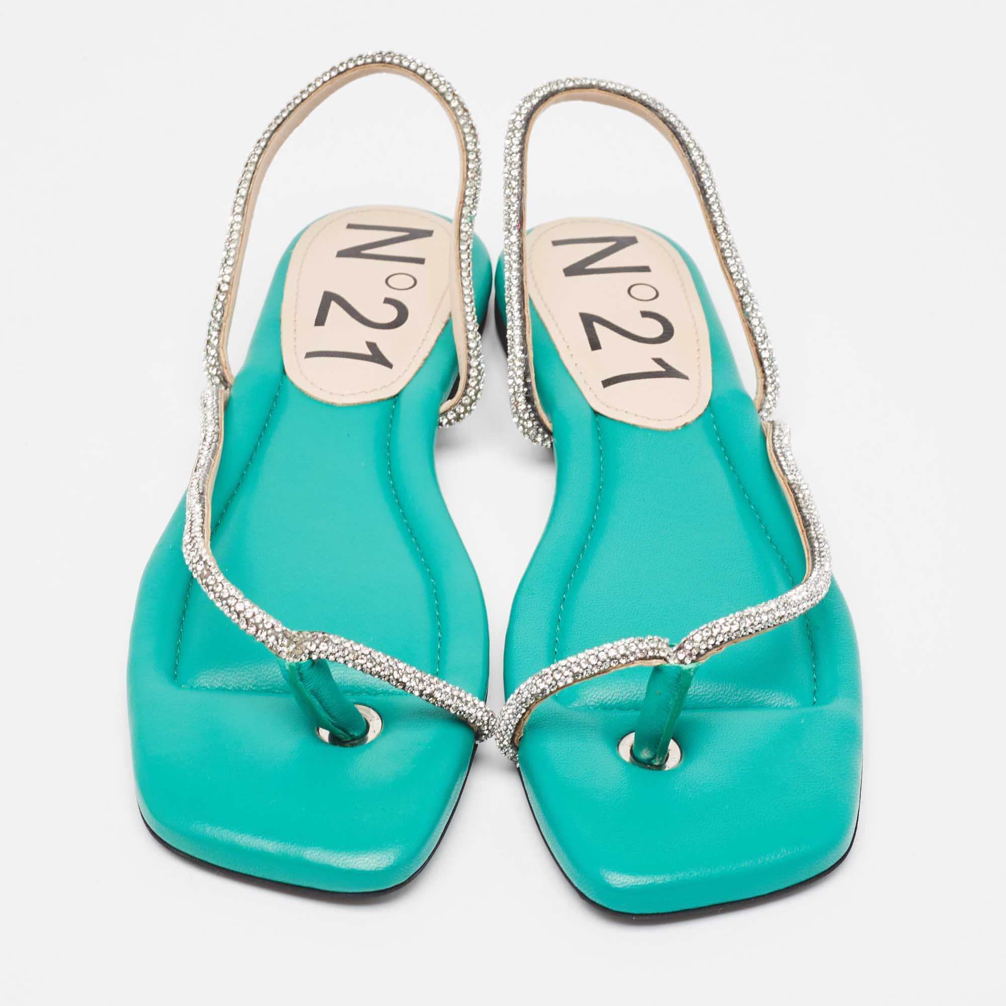 N21 Green Leather Crystal Embellished Slingback Sandals