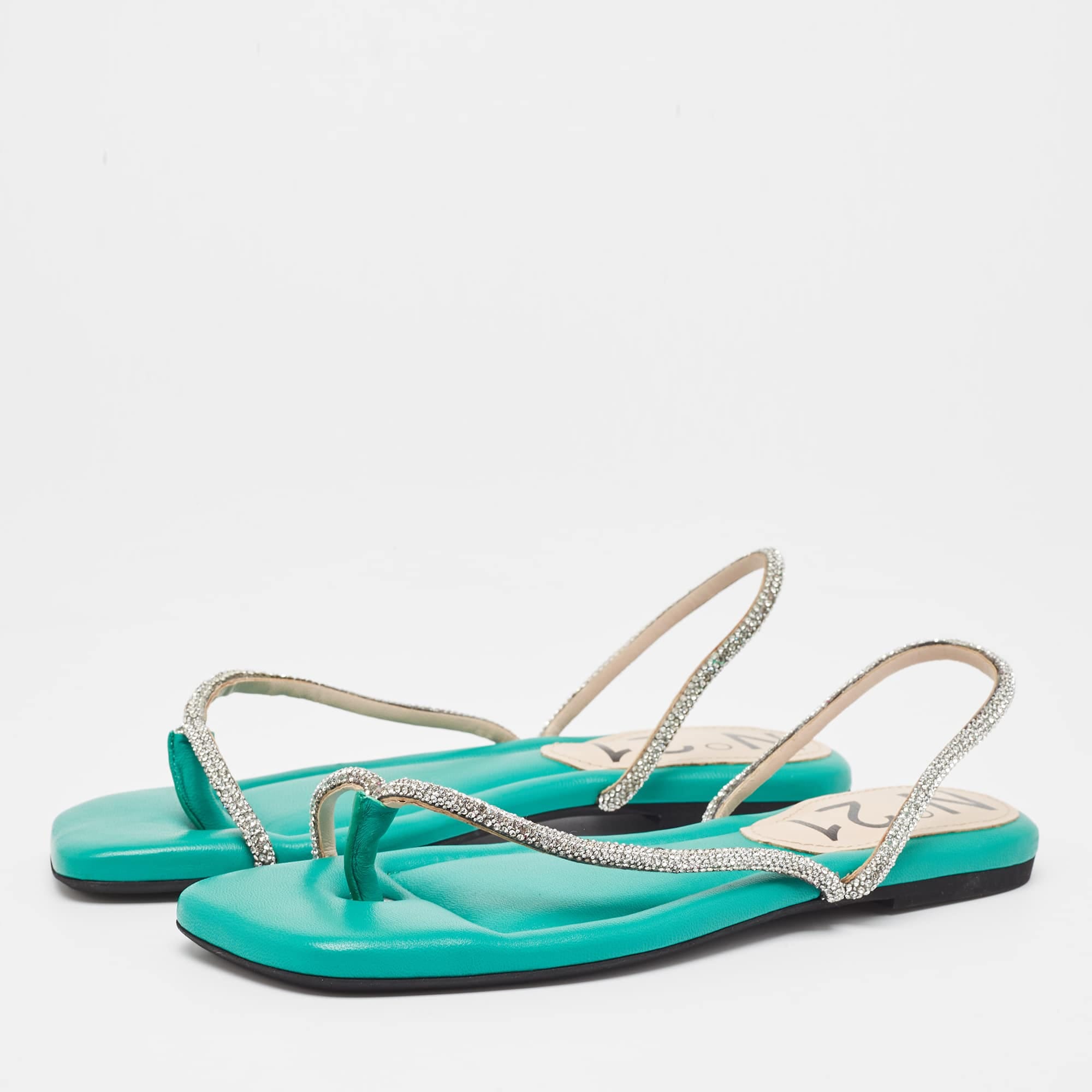 N21 Green Leather Crystal Embellished Slingback Sandals