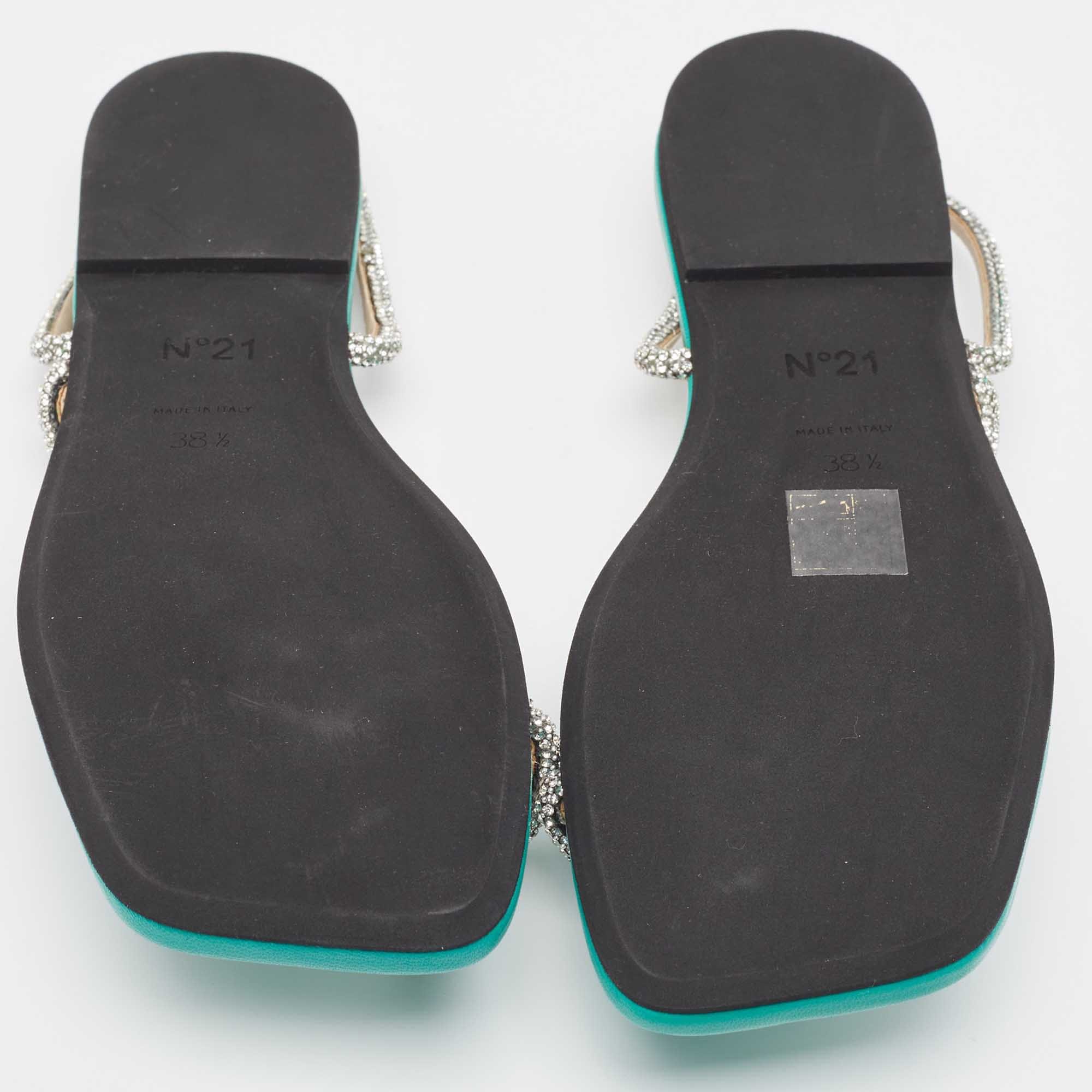 N21 Green Leather Crystal Embellished Slingback Sandals