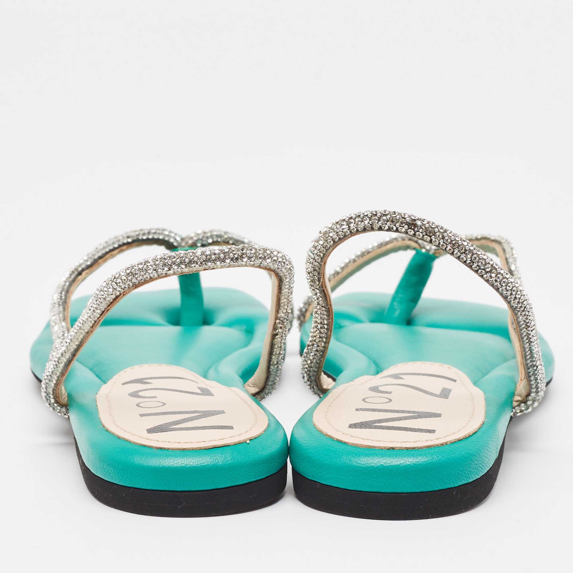 N21 Green Leather Crystal Embellished Slingback Sandals