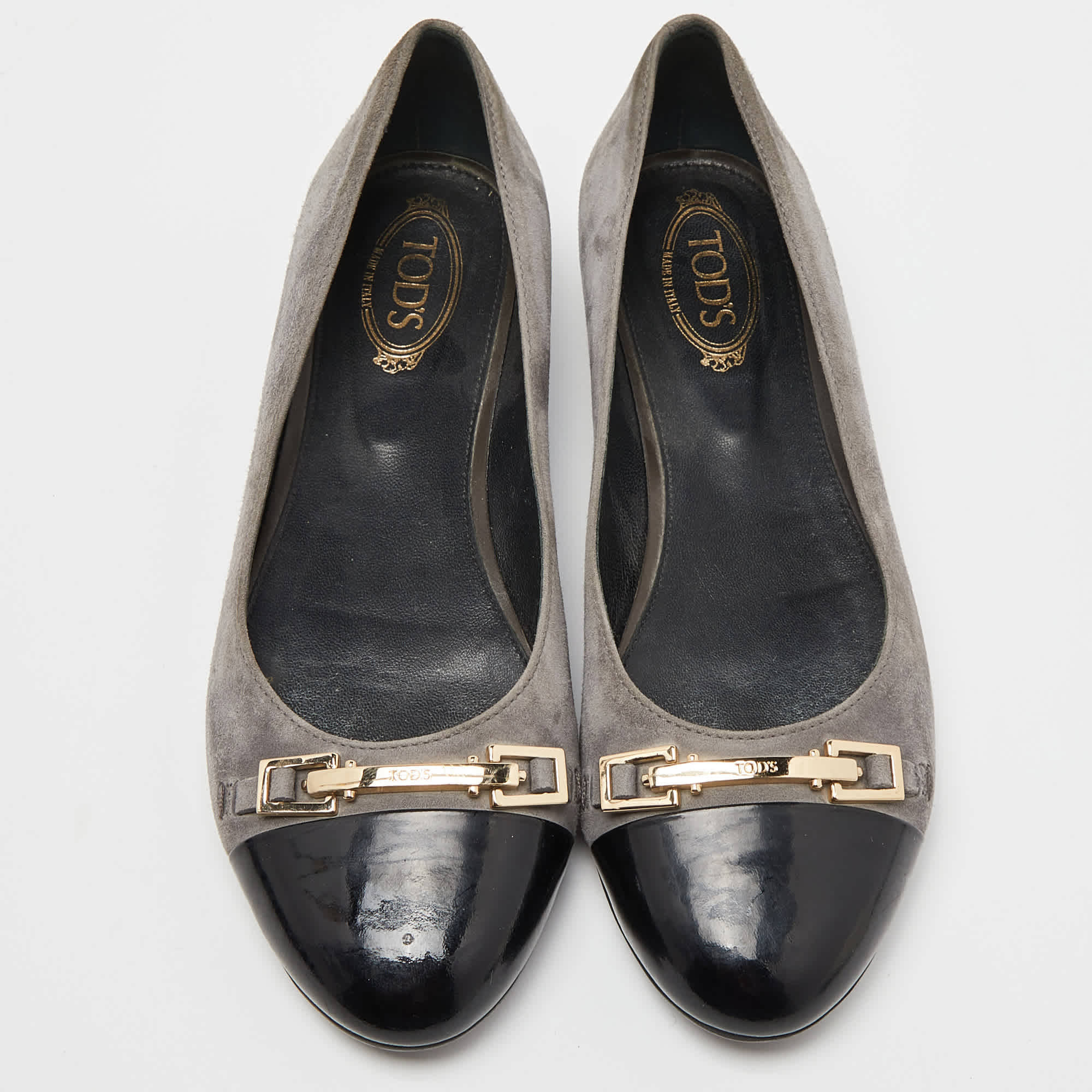 And Tod’s Grey/black Suede And Patent Leather Buckle Detail Ballet Flats