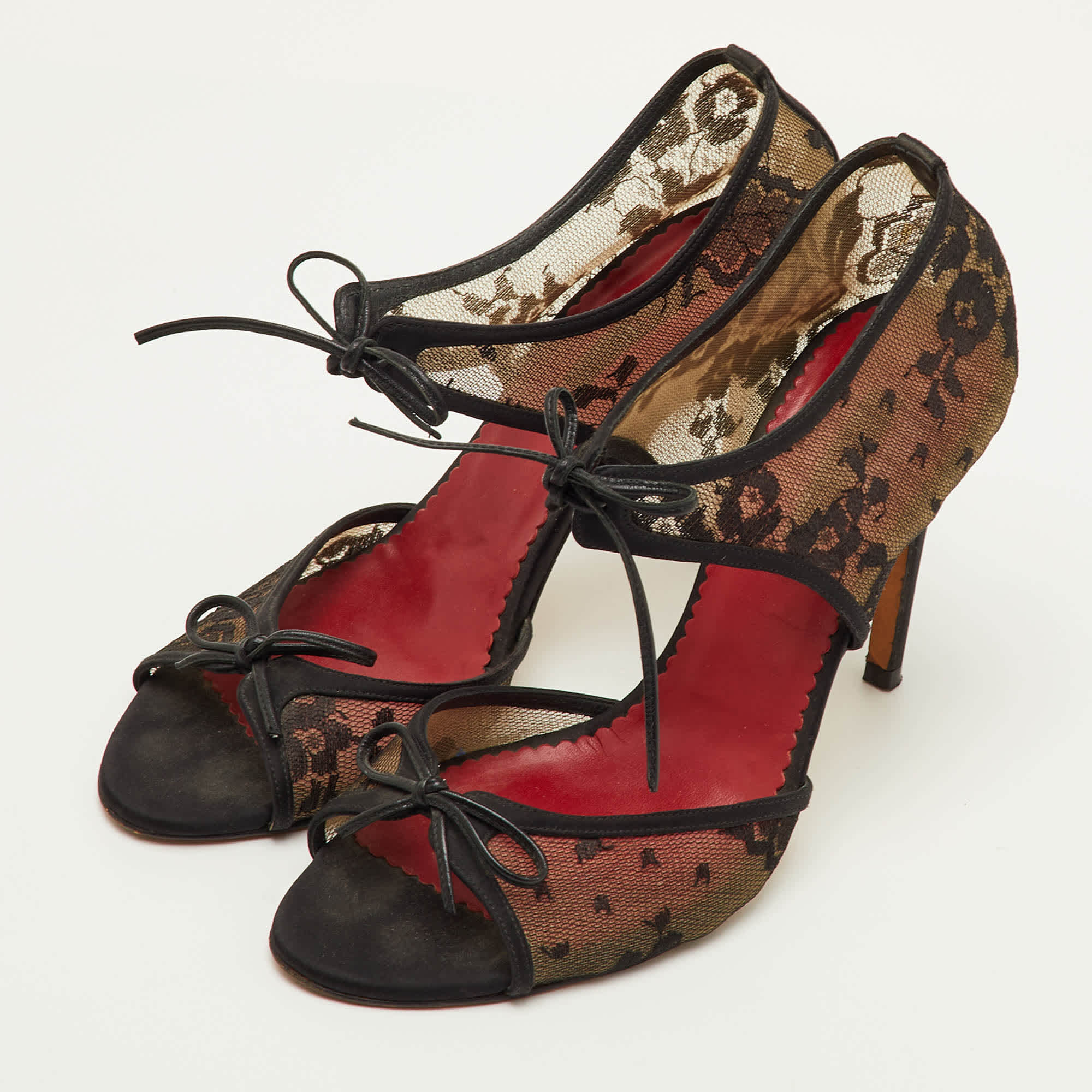 And Size 39 Black Lace And Satin Ankle Bow Sandals