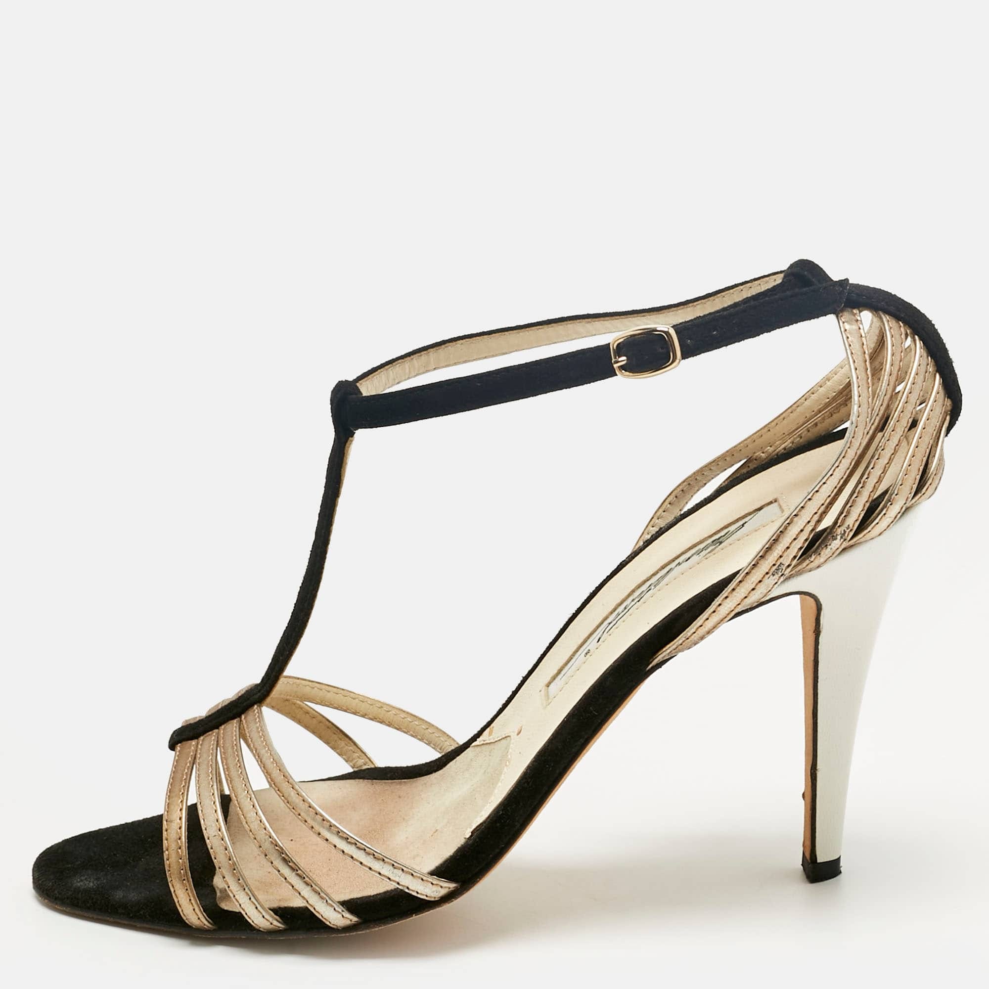 Brian Atwood Black/gold Suede And Leather Strappy T - Bar Sandals