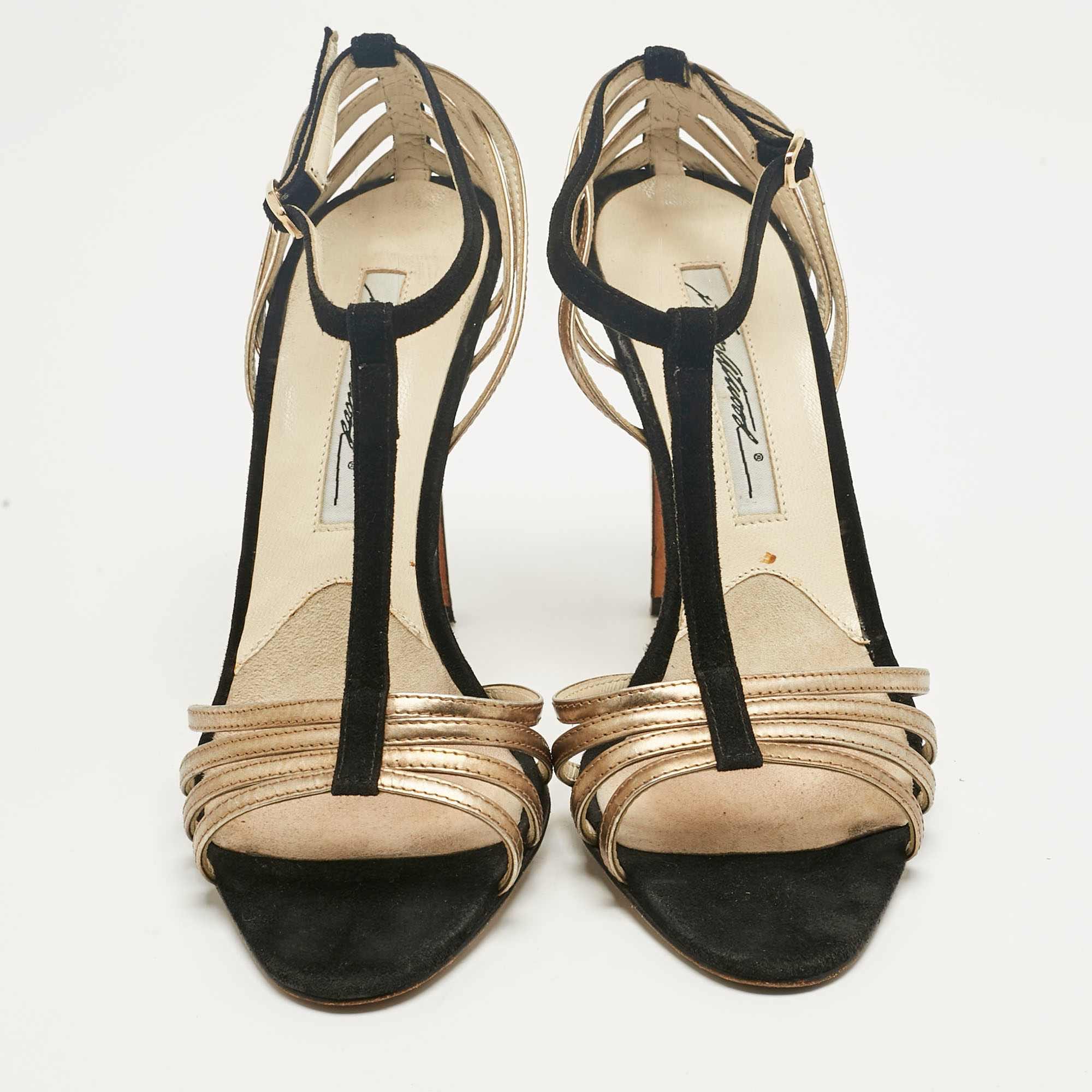 Brian Atwood Black/gold Suede And Leather Strappy T - Bar Sandals