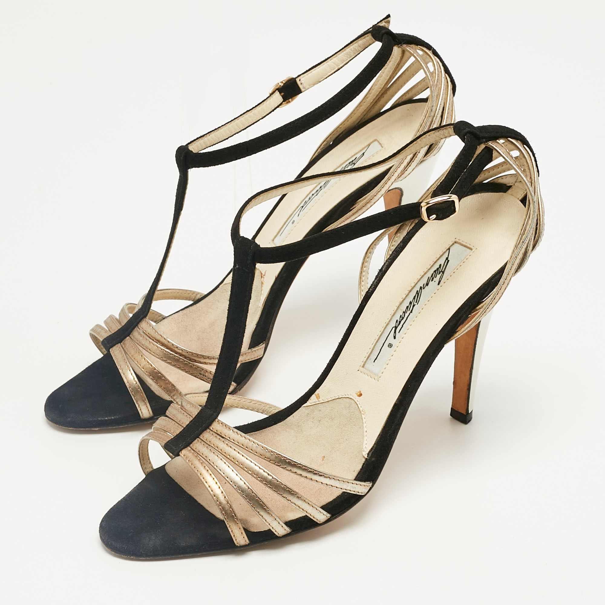 Brian Atwood Black/gold Suede And Leather Strappy T - Bar Sandals