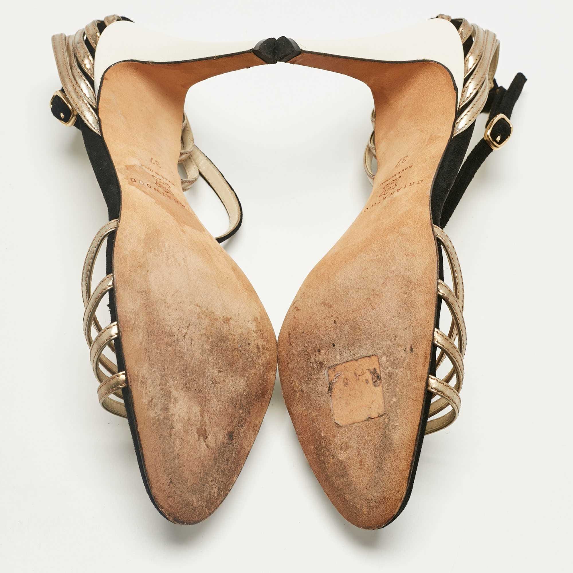 Brian Atwood Black/gold Suede And Leather Strappy T - Bar Sandals