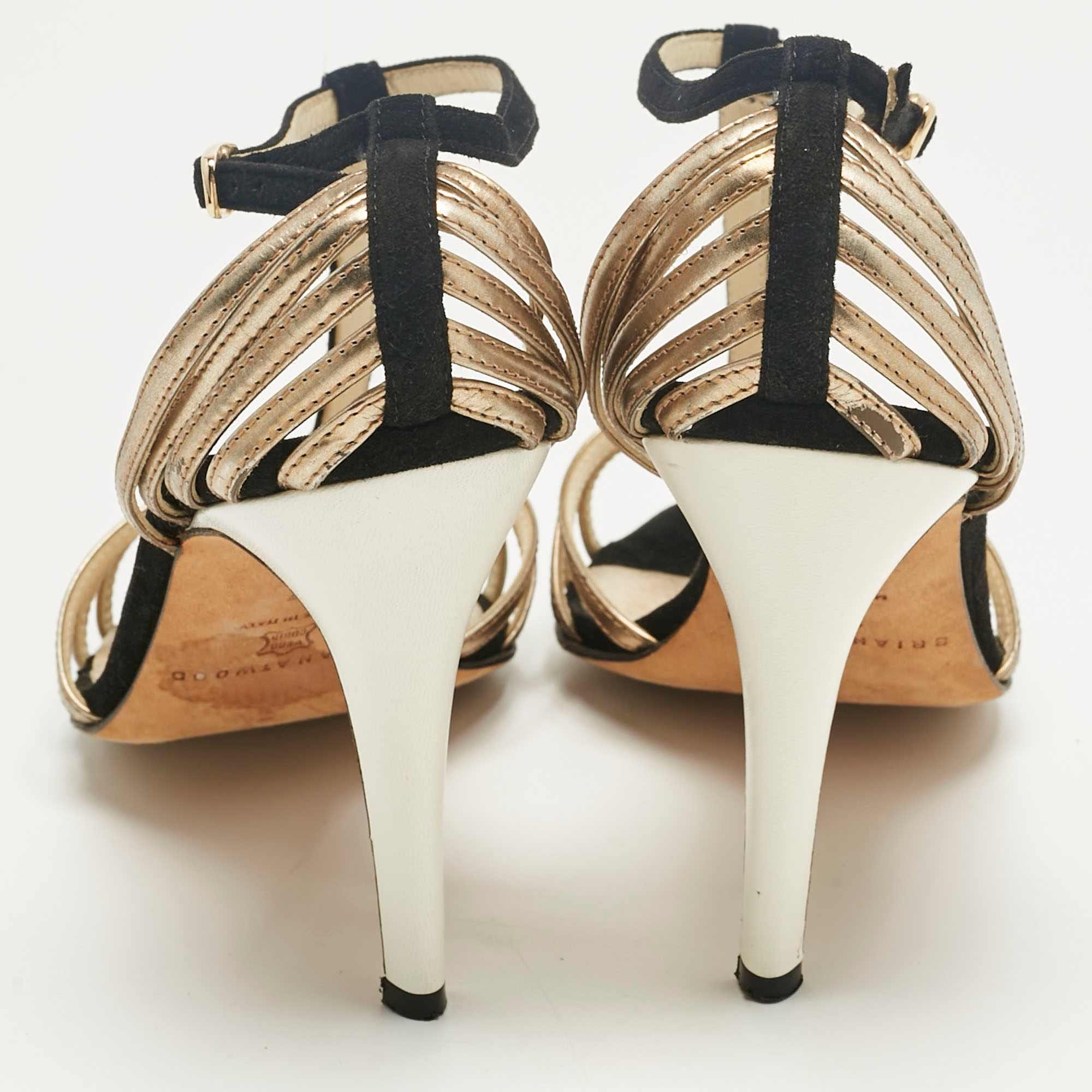 Brian Atwood Black/gold Suede And Leather Strappy T - Bar Sandals